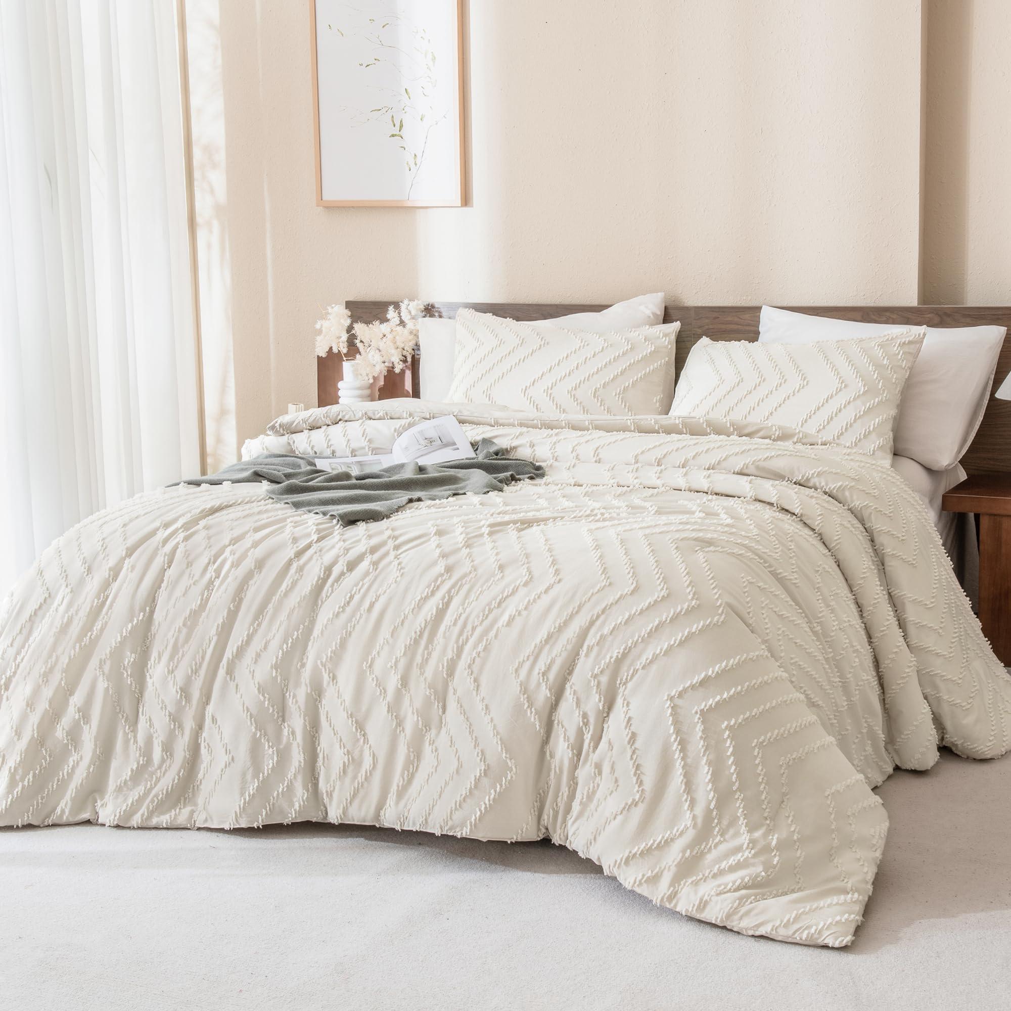 Andency King Size Comforter Set Beige, 3 Pieces Lightweight Comforter King Size Boho Bedding Comforter Sets, Soft Fluffy Cream Tufted Down Alternative Comforter Bed Set - Image 2