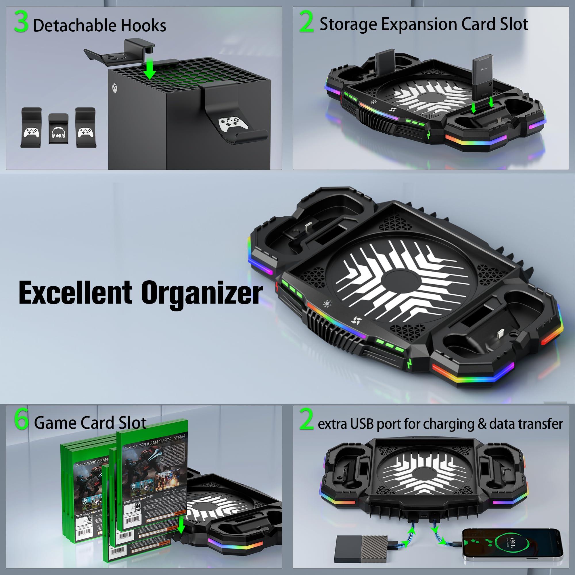 Cooling Fan Charging Stand for Xbox Series X Console and Controller - Vertical Cooler System & Charger Station with 15 RGB Light Modes, 2 Batteries and 3 Holders for Xbox Series X Accessories Storage - Image 5