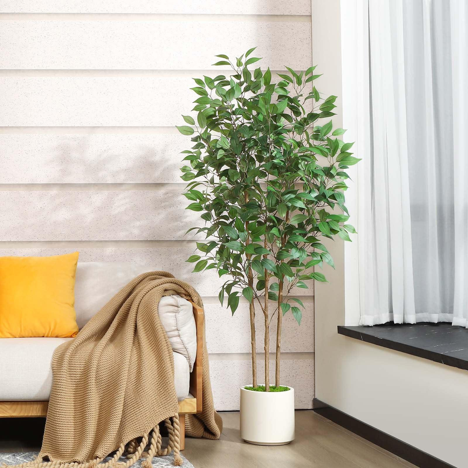 SOGUYI Ficus Artificial Tree 5ft Tall Fake Ficus Tree for Home Decor Indoor Faux Silk Ficus Plant Fake Floor Plant in White Imitation Ceramic Planter with Green Fake Moss, Set of 1 - Image 2