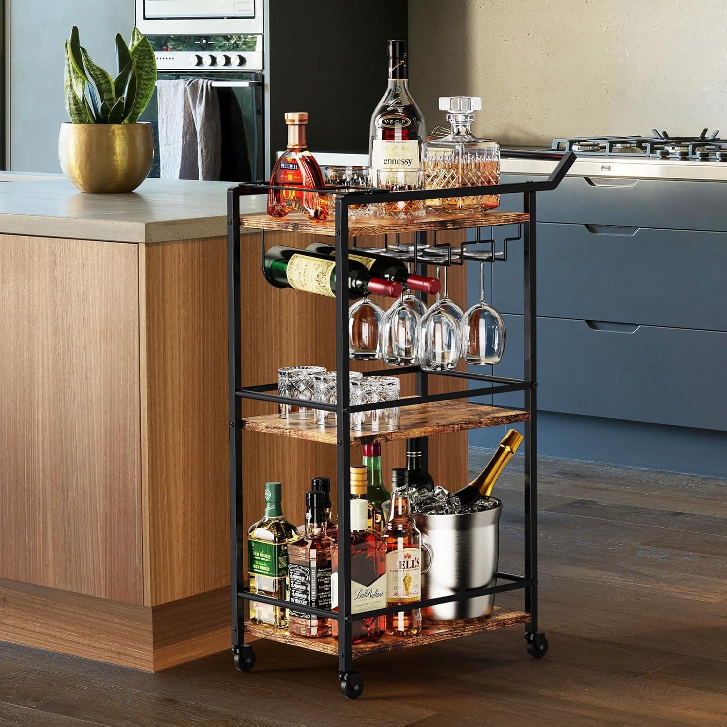 LOTEYIKE 3 Tier Bar Cart, Mini Liquor Utility Cart for Wine Beverage Dinner Party, Rolling Wine Coffee Drink Serving Cart with Lockable Wheels for Home Kitchen Bars (Rustic Brown) - Image 6