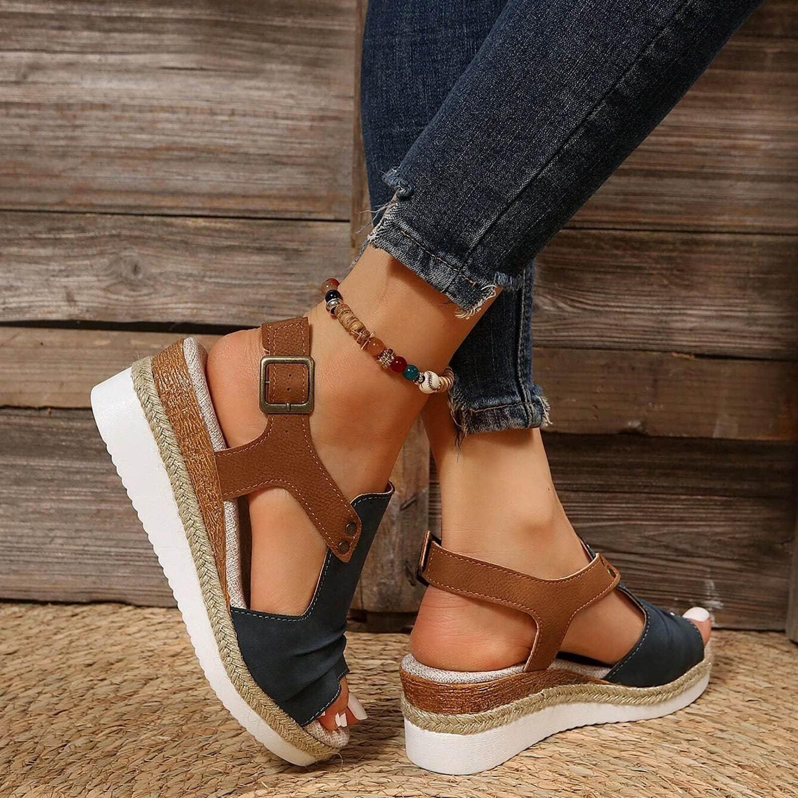 Navy Blue Orthopedic Wedge Sandals for Women 2025 Summer Dressy Flat Open Toe Ankle Strap Espadrilles Sandals Boho Comfortable Casual Strappy Slip on Wedges Shoes - Image 4