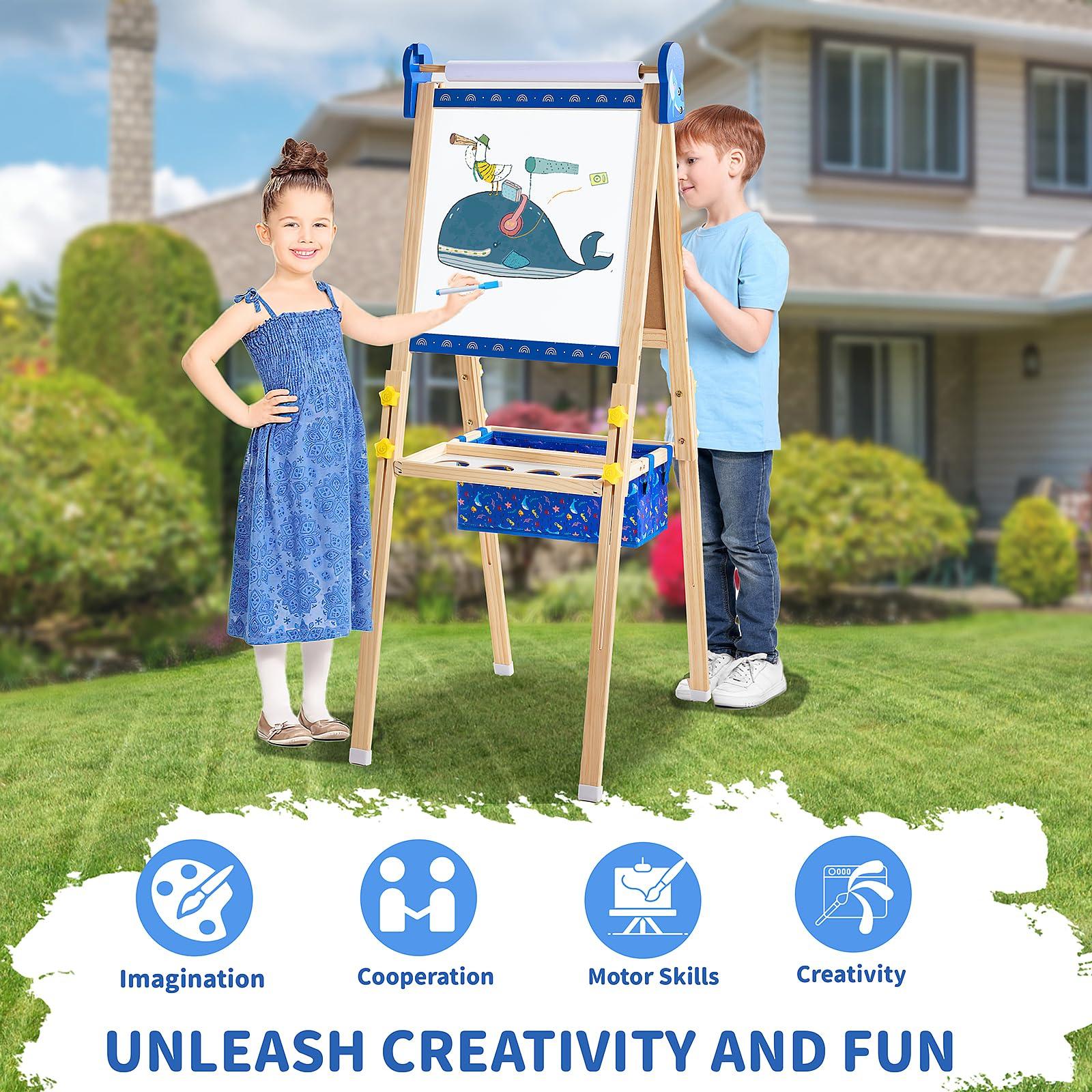 Art Easel for Kids Easels for Toddlers, Double-Sided Adjustable Magnetic Chalkboard Whiteboard, Wooden Painting Easel with Paper Roll, Foldable Standing Drawing Easel for Toddlers Boys Girls Ages 3-12 - Image 7