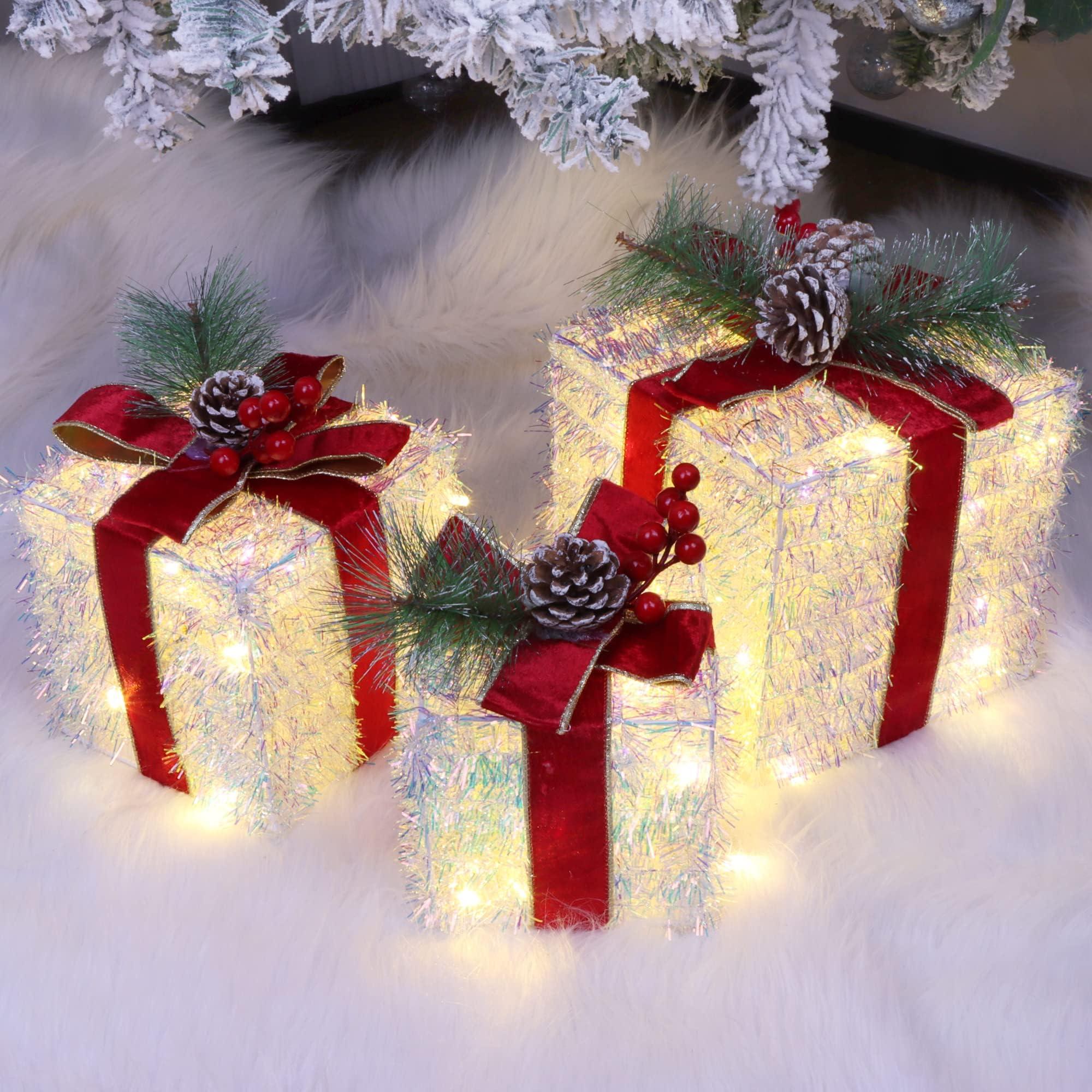 Fulong's Opulent Christmas Lighted Gift Boxes Decor Set of Three Pre-lit LED Presents | Warm White Garden, Porch, Room Decor & Tree Skirt Ornaments | Indoor 60 Lights Set