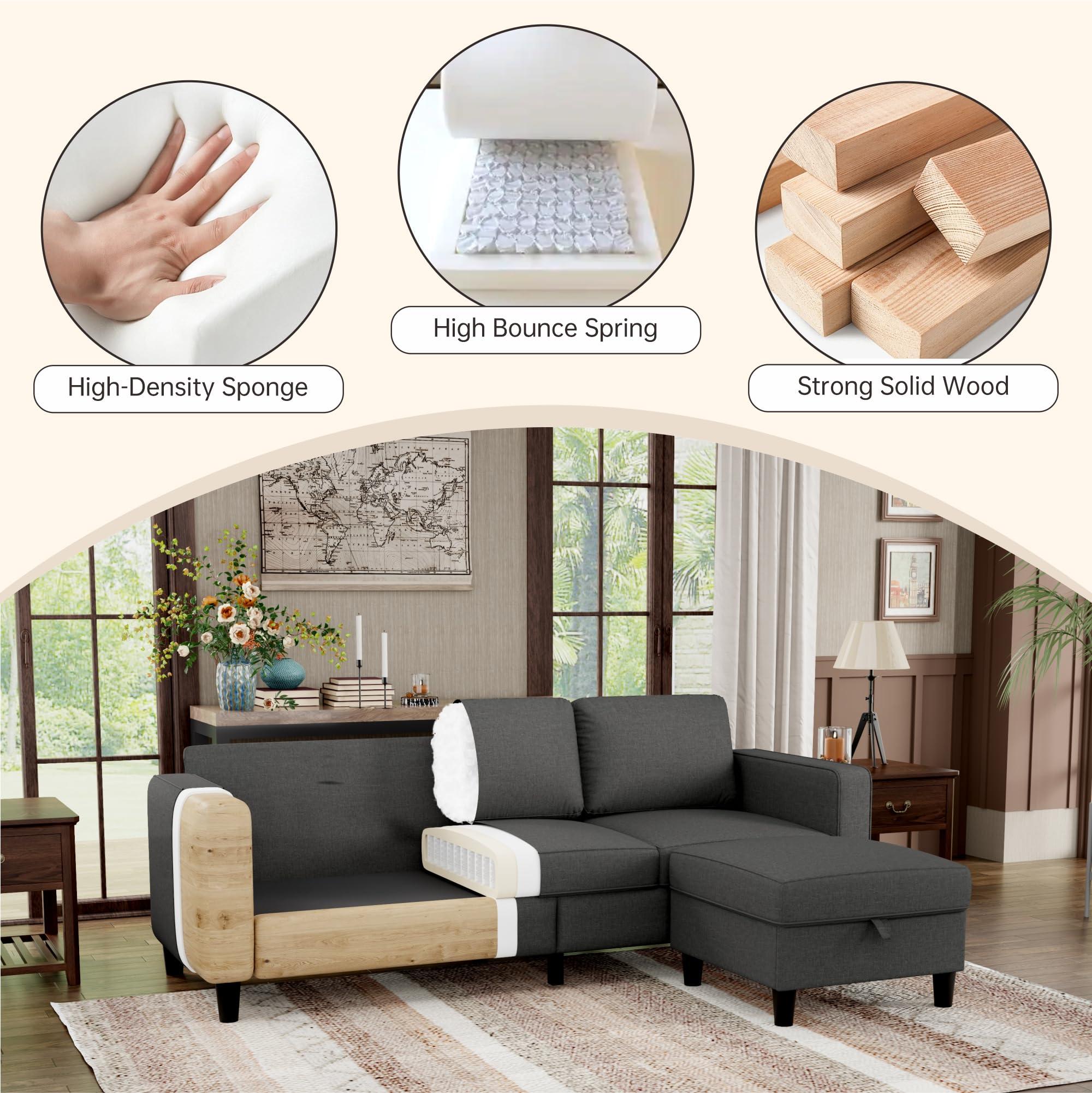 Sectional Sofa Couches for Living Room - Dark Grey 3 Seat L Shaped Couch with Storage Ottoman, Modern Linen Convertible Sectionals Sofas with Reversible Chaise for Apartment, Office, Small Space - Image 4