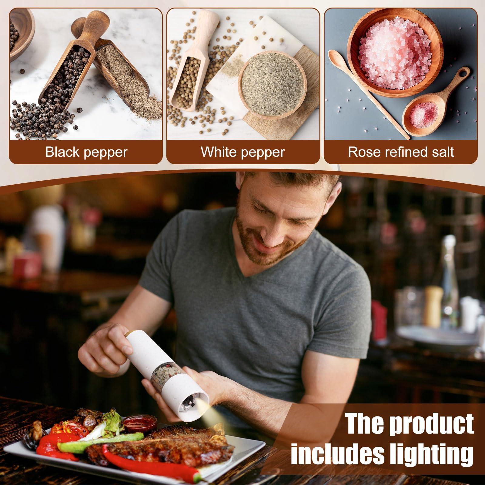 Threlaco Electric Salt and Pepper Grinder Set with 1 Portable Spill Proof Base 2 Packs Battery Operated Salt Pepper shakers with Adjustable Coarseness Light Wheat Straw Grinder for Kitchen(White) - Image 5