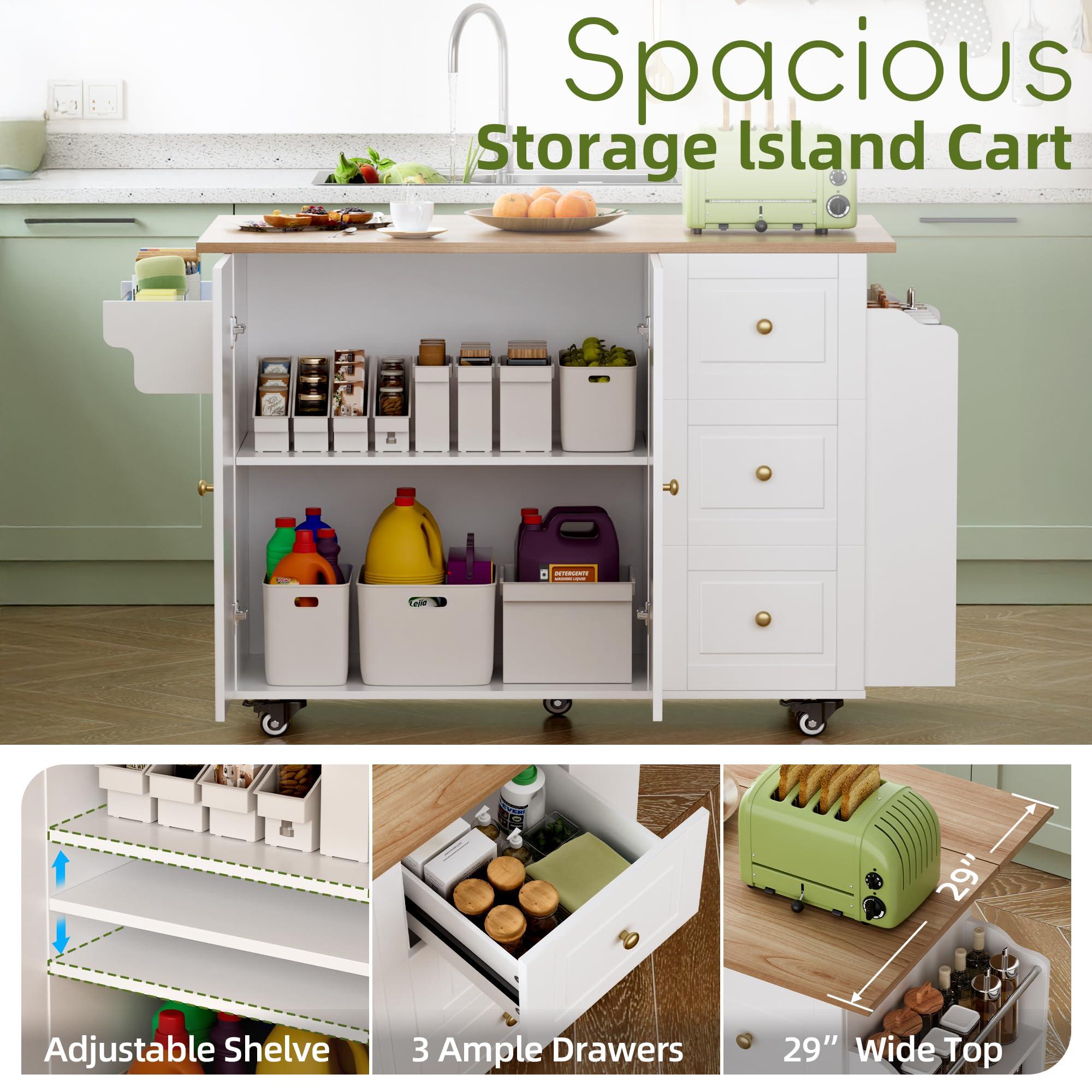 VALONDINO Kitchen Island On Wheels, Rolling Kitchen Island Cart with Drop Leaf, Storage Cabinet with 3 Drawers and Inner Adjustable Shelves, Towel Rack Spice Cart White - Image 4