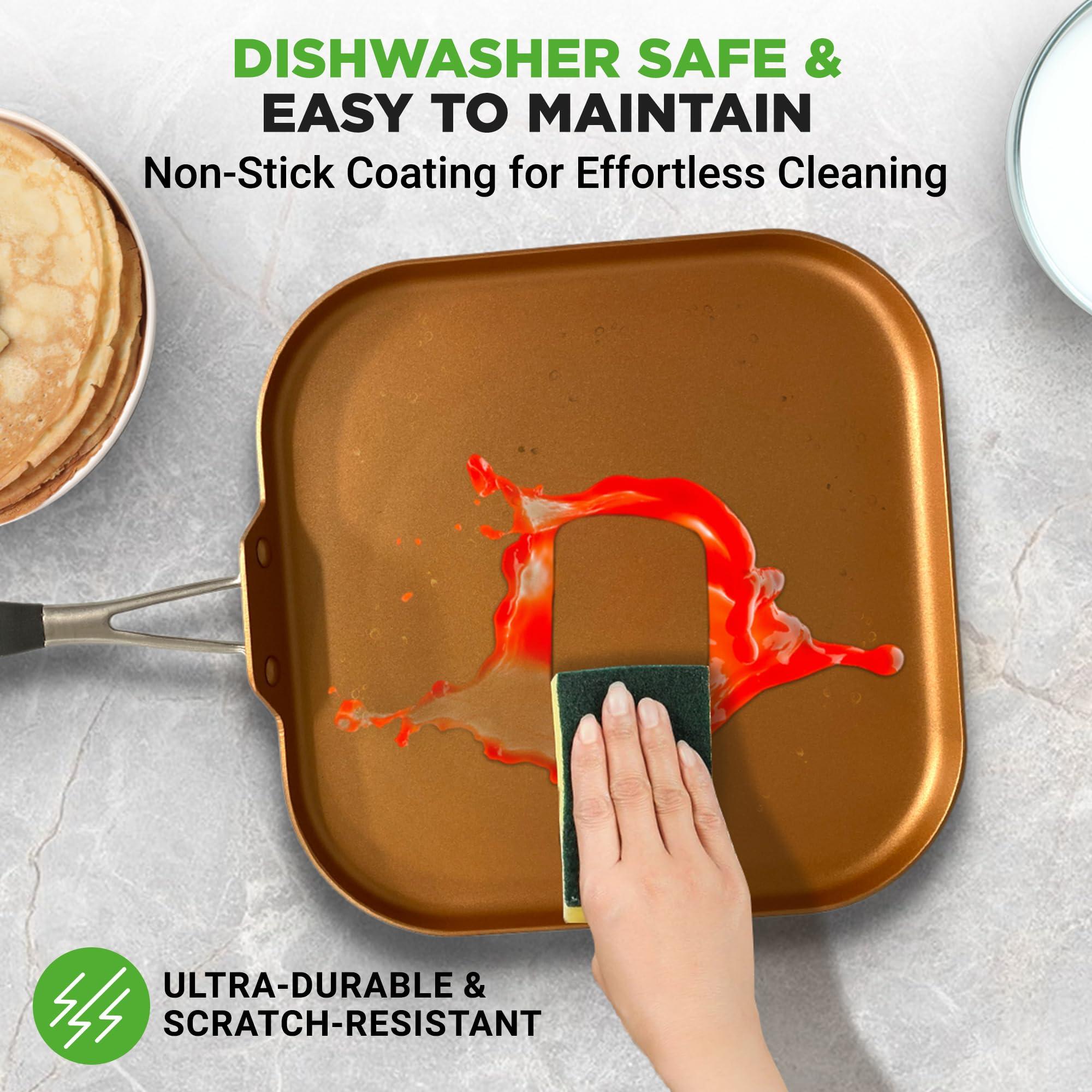 NutriChef Copper Pan Non-Stick Coating Inside, Hard-Anodized Look Heat Resistant Lacquer Outside, Silicone Handle NCSQPA, 1 Griddle - Image 7