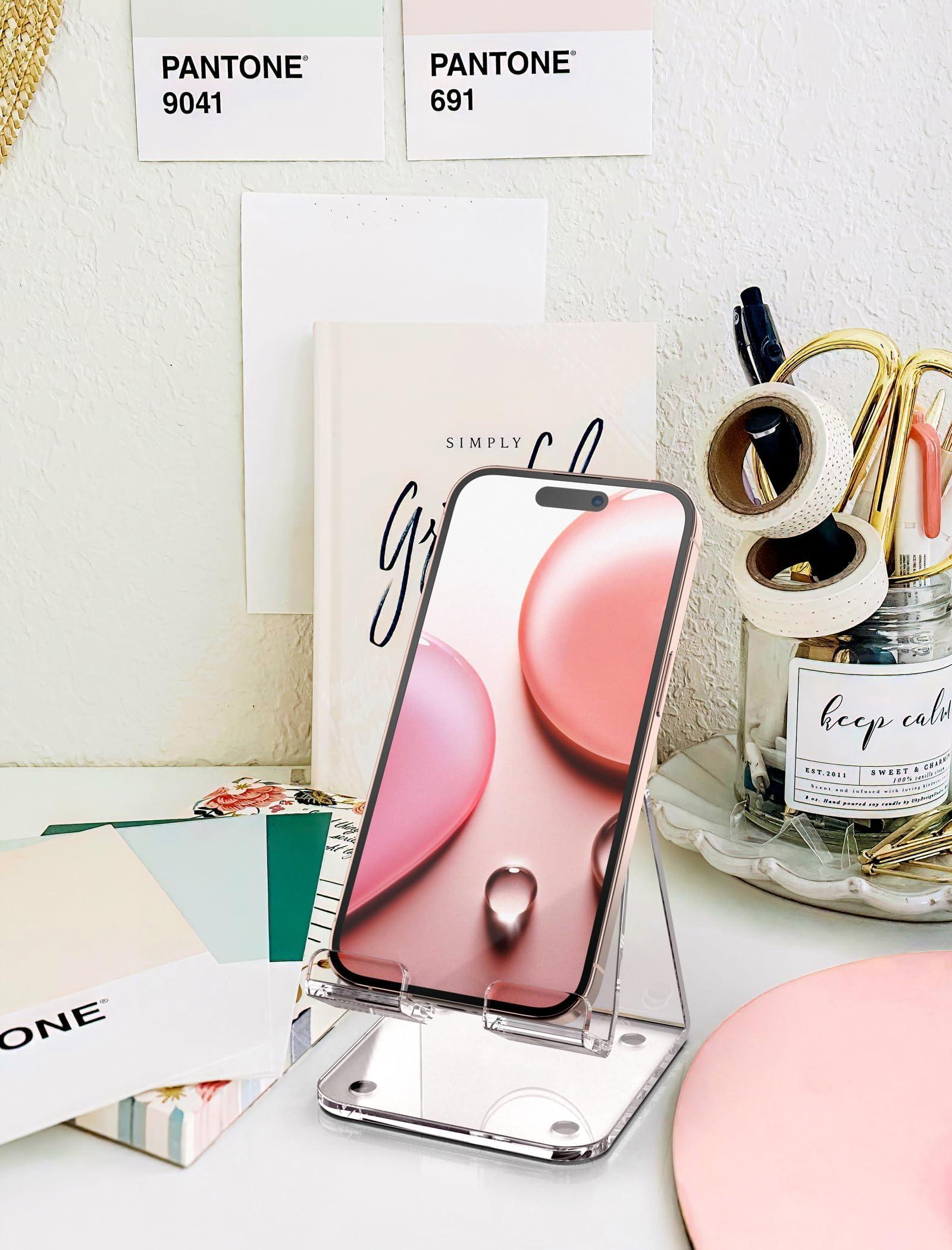 TOPGO Acrylic Cell Phone Stand, Clear Phone Holder for Office Desk, Vanity, Kitchen, Bedside Table, Compatible with iPhone/Smartphones/iPad/Switch/Kindle, Office Desk Accessories - Image 3