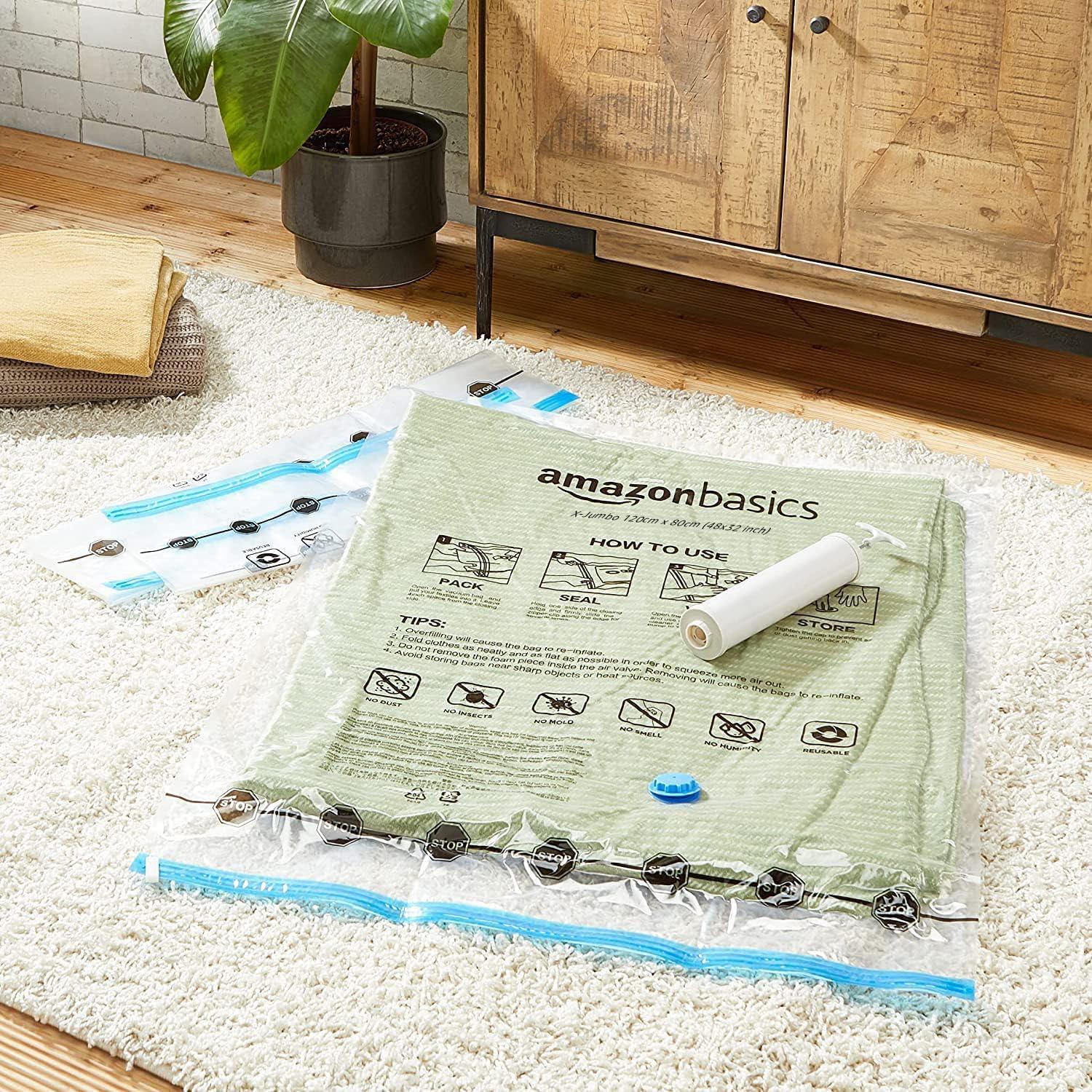 Amazon Basics Vacuum Compression Space Saving Storage Bags with Hand Pump for Travel, Multiple Sizes for Clothes and Blankets, Clear, 12 Pack (3 Small, 3 Medium, 3 Large & 3 Jumbo) - Image 2