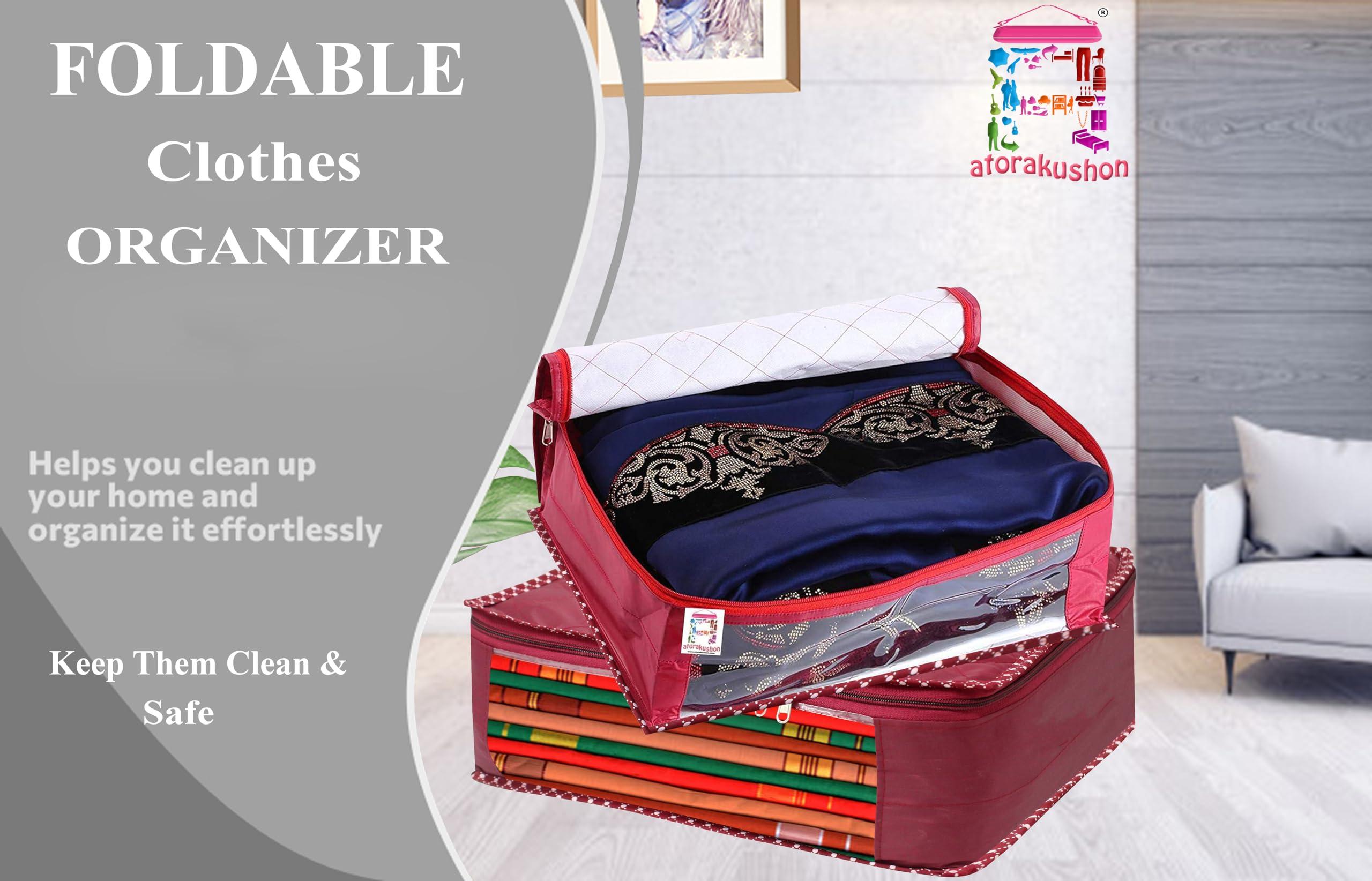 atorakushon Pack of 8 Fabric Foldable Saree Garments Covers Closet Organizer Clothing Storage Bags with Clear Window Sturdy Zipper Maroon - Image 3