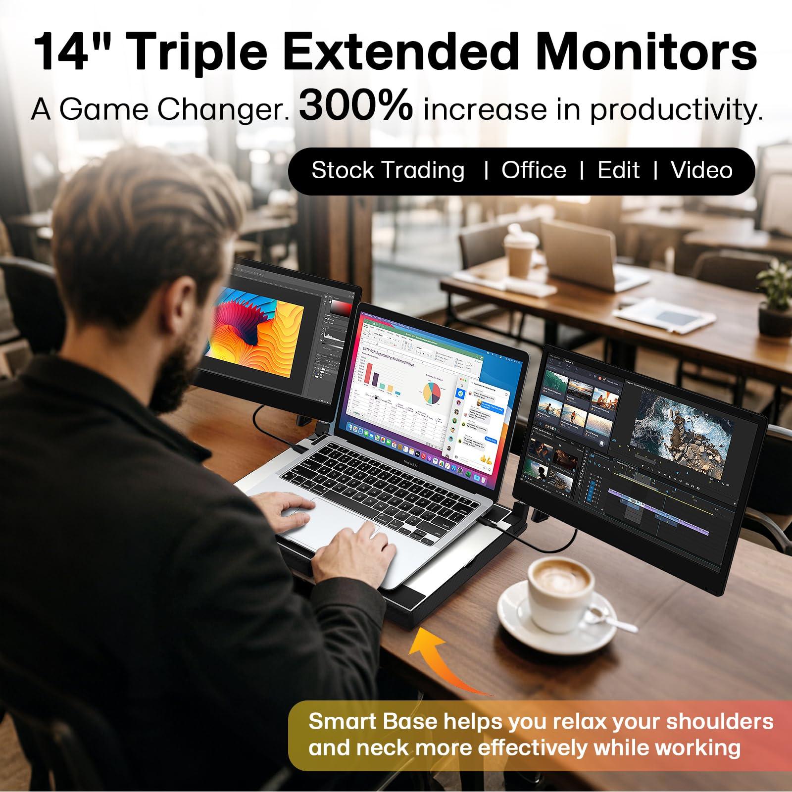 14" Laptop Screen Extender Smart Base - Upgraded Triple Portable Monitor FHD 1080P -300% More Efficient, 360° Rotation/Detachable Dual Display, Plug-Play USB C/HDMI,Laptop Monitor Extender for Win/Mac - Image 2