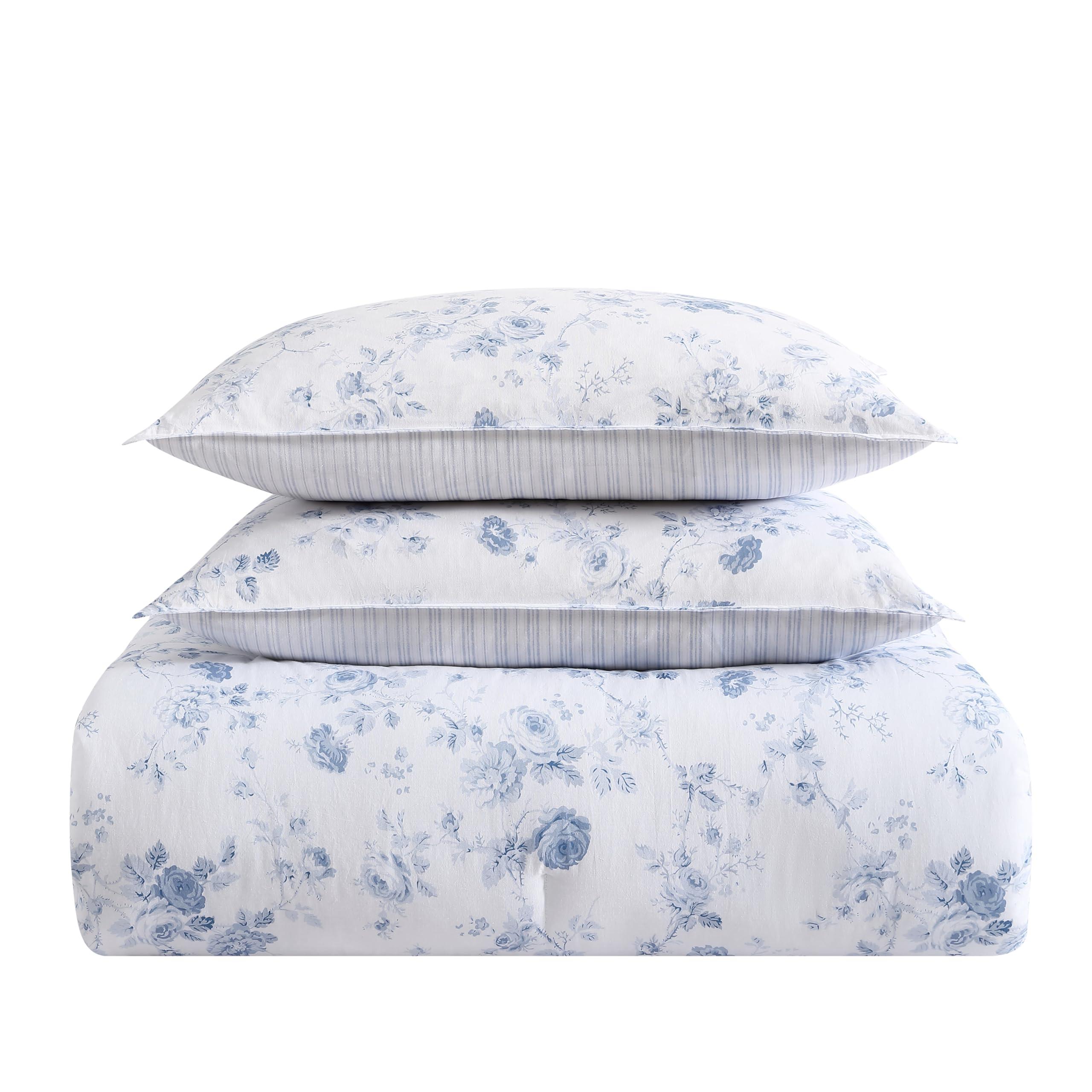 Laura Ashley- Queen Comforter Set, Reversible Cotton Bedding with Matching Sham(s), Dorm Essentials (Belinda Blue, Queen)
