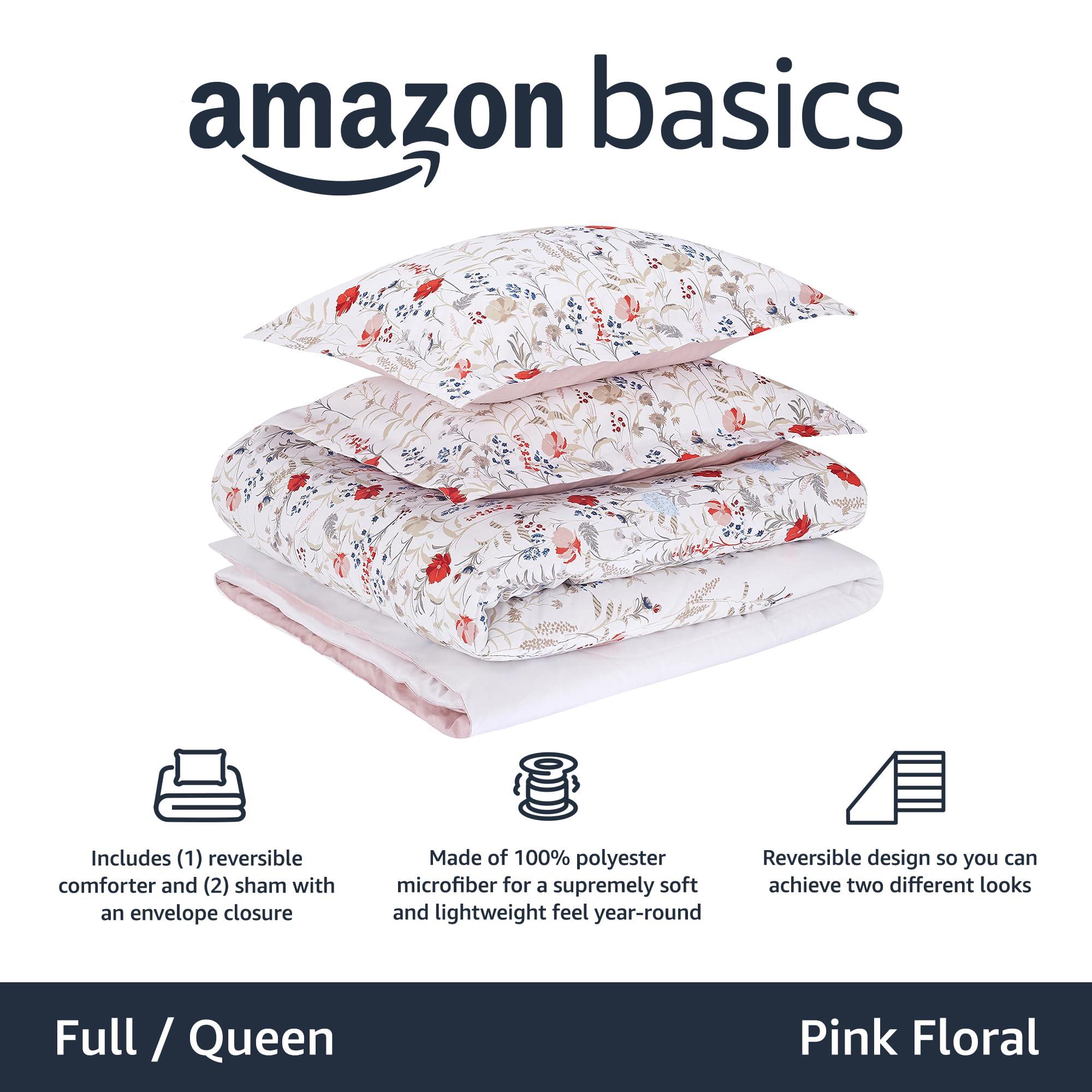 Amazon Basics Full/Queen Size Comforter Sets, Ultra-Soft Lightweight Microfiber Reversible 3-Piece Bedding, Pink Floral - Image 2