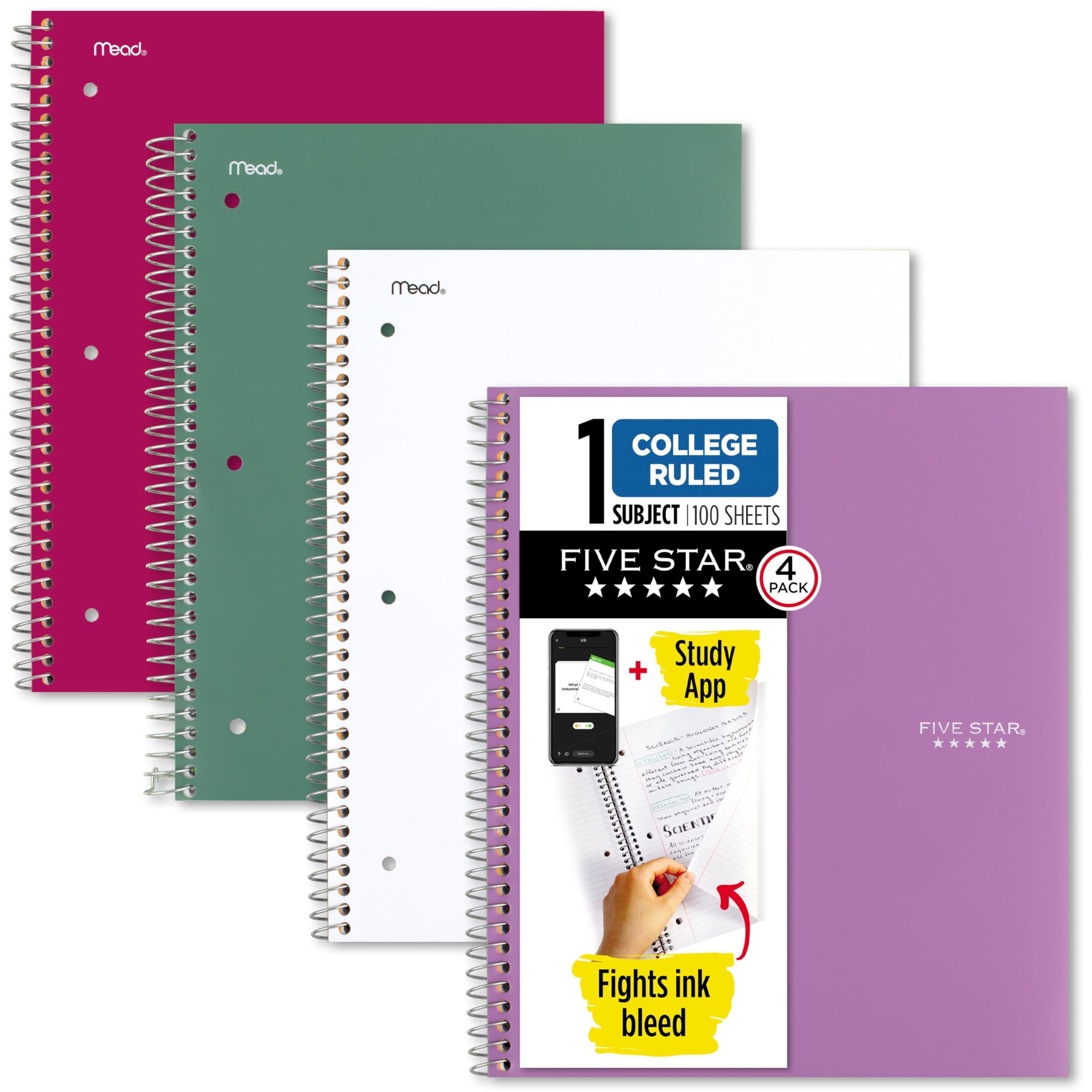 Five Star Spiral Notebook + Study App, 4 Pack, 1 Subject, College Ruled Paper, 8-1/2" x 11", 100 Sheets, Fights Ink Bleed, Water Resistant Cover, Amethyst Purple, Raspberry Pink, White and Seaglass Green (820337-ECM)