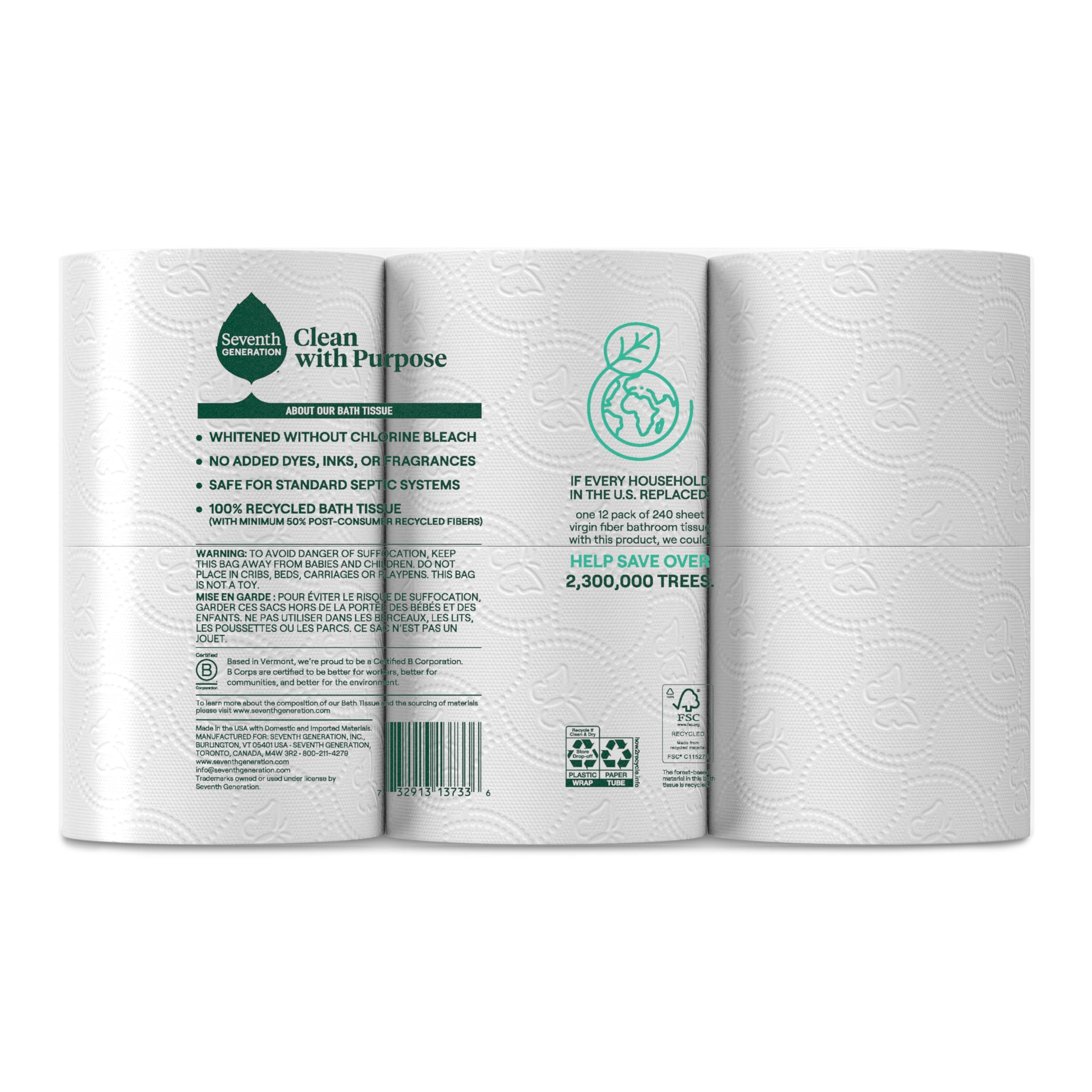 Seventh Generation Toilet Paper Recycled Bath Tissue 4-Pack 100% Recycled Paper 2-ply without Chlorine Bleach 12 Rolls - Image 2
