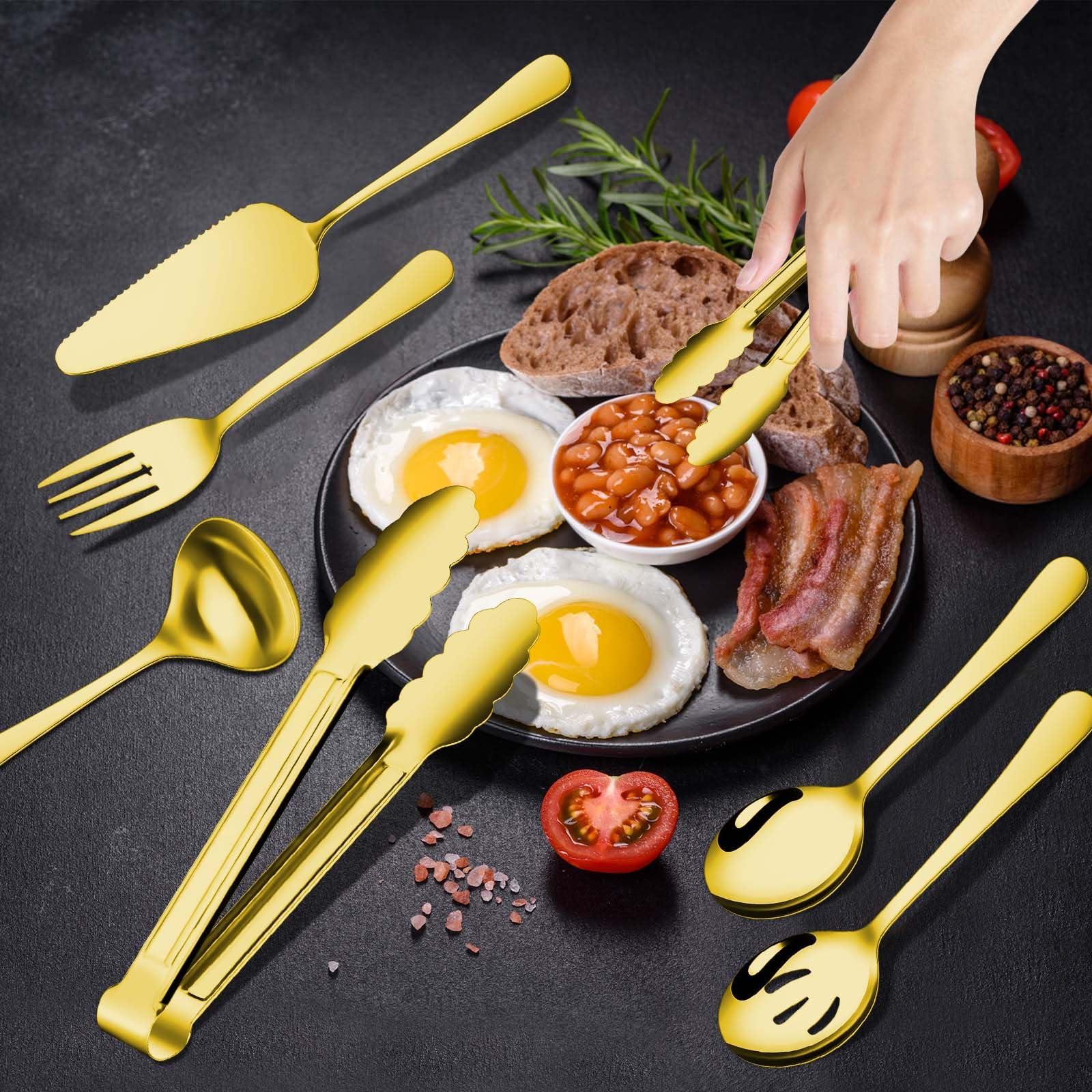Gisly Gold 12 Pieces Serving Utensils Include Large Serving Spoons,Slotted Serving Spoons,Serving Forks,Serving Tongs,Appetizers Tongs,Soup Ladle and Pie Cake Server for Buffet Catering - Image 2