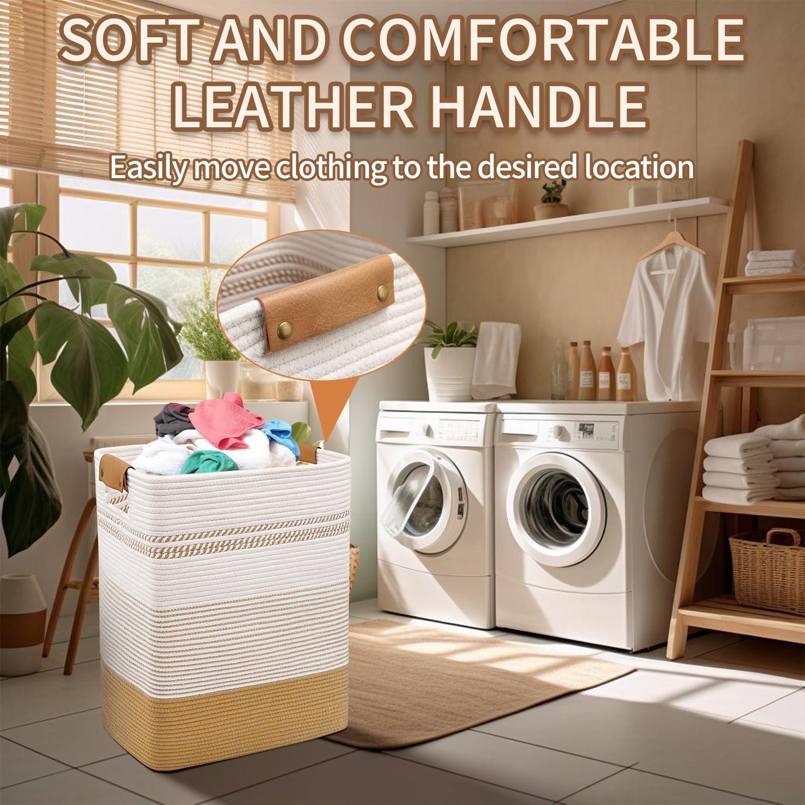 DOFASAYI Laundry Hamper - 85L Large Laundry Basket with Leather Handles, Decorative Storage Basket for Blankets - Clothes Hamper for Living Room, Bedroom, Jute & White - Image 6