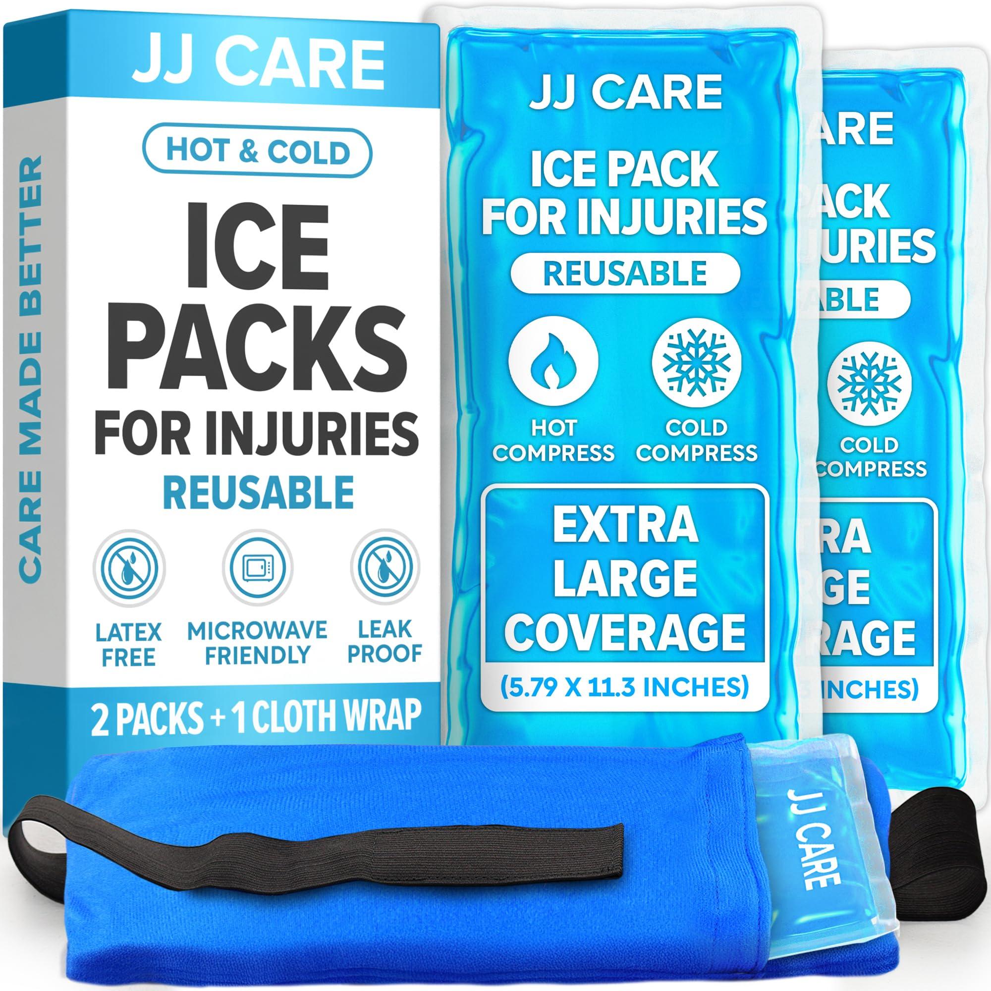 JJ CARE Gel Ice Packs Reusable (Pack of 2) - Ice Packs for Injuries Reusable - Soft Ice Pack for Injuries with Wrap - Flexible Therapy, for Knee, Back, Neck, Wrist, & Ankle