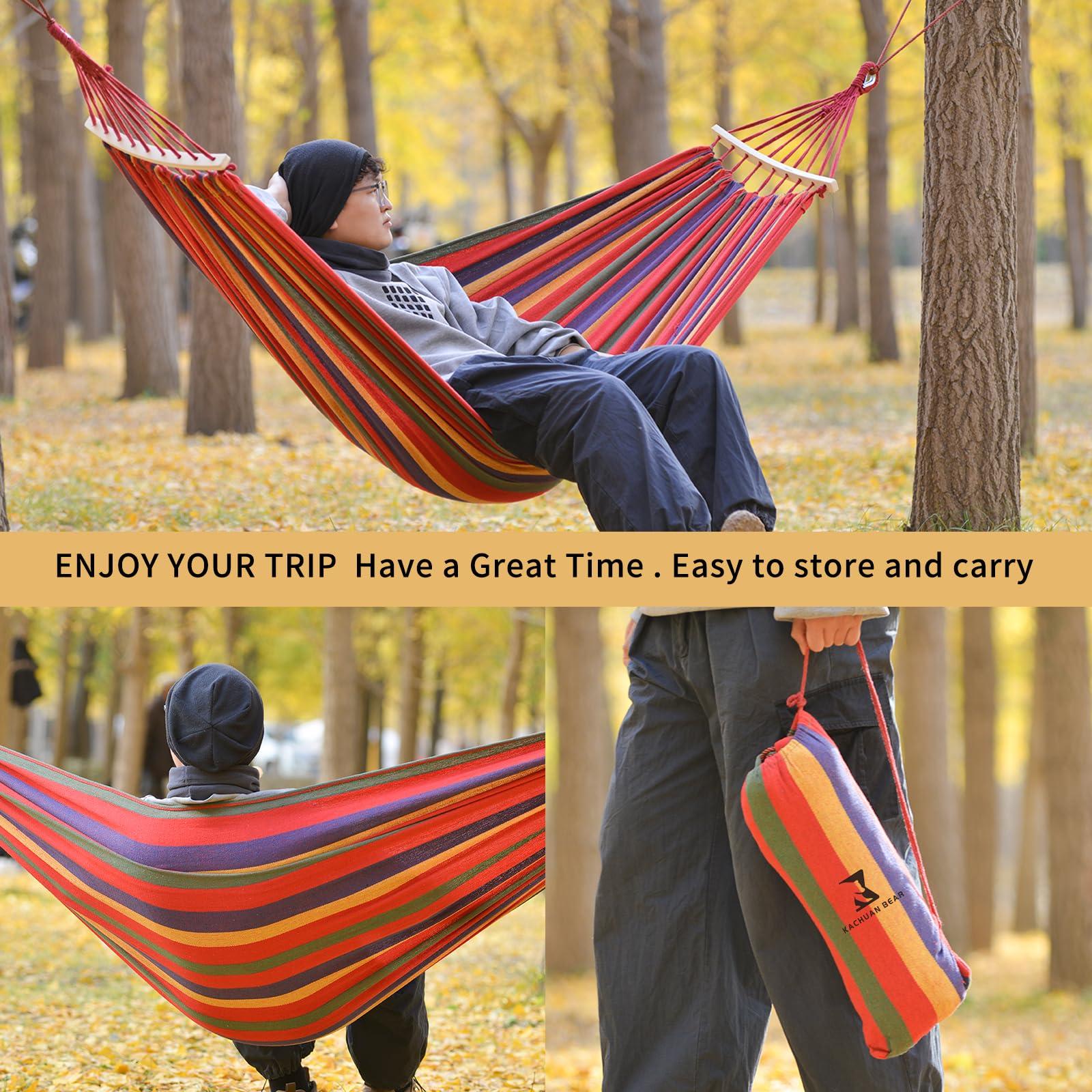 Hammock, Cotton Canvas Hammock Portable Camping Hammock with Carrying Bag Two Anti Roll Balance Beam Metal Carabiner Ropes and Tree StrapsSuit for Indoor,Yard,Camping,Outdoor-Rainbow - Image 3