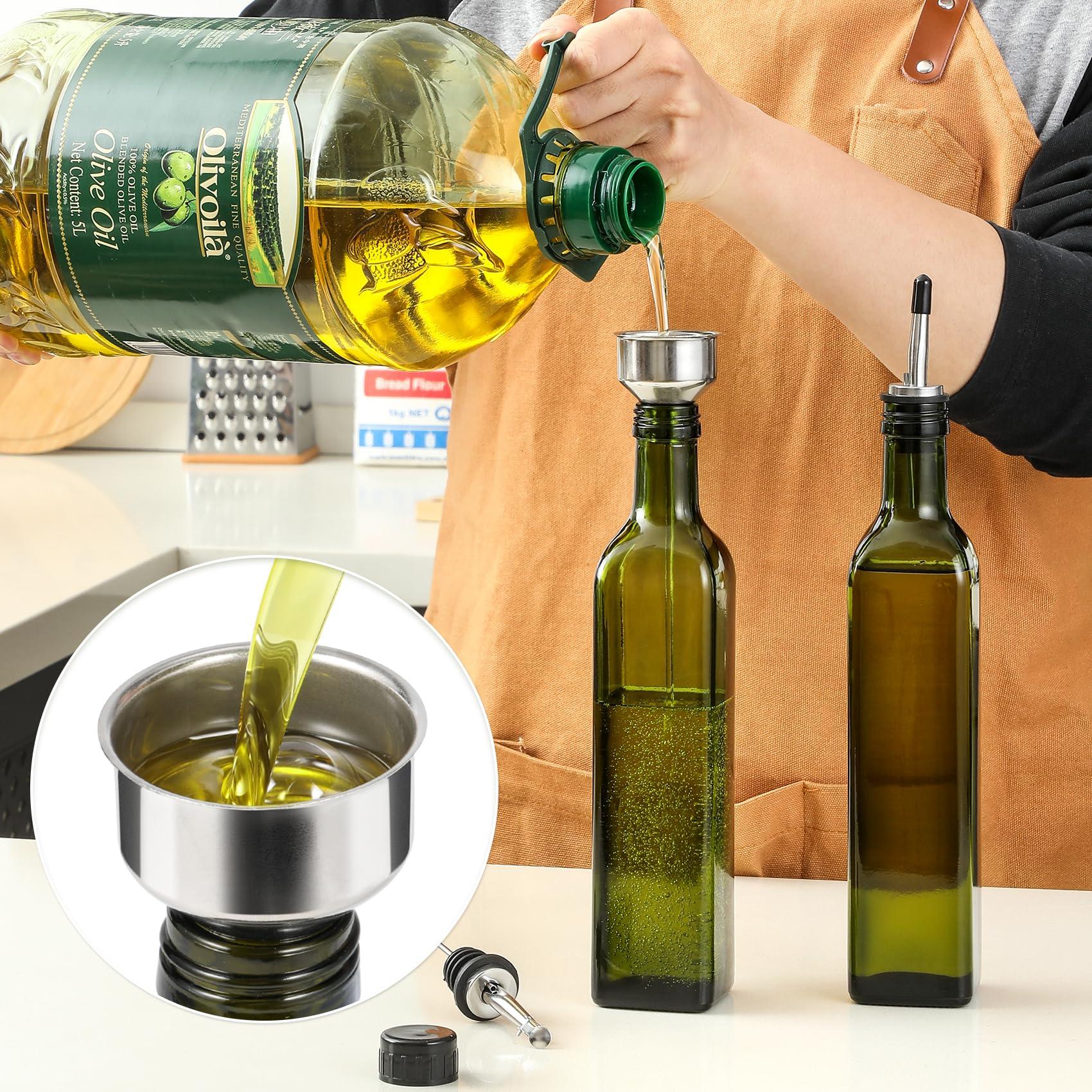 AOZITA 17oz Glass Olive Oil Bottle Dispenser - 500ml Green Oil and Vinegar Cruet with Pourers and Funnel - Olive Oil Carafe Decanter for Kitchen - Image 4