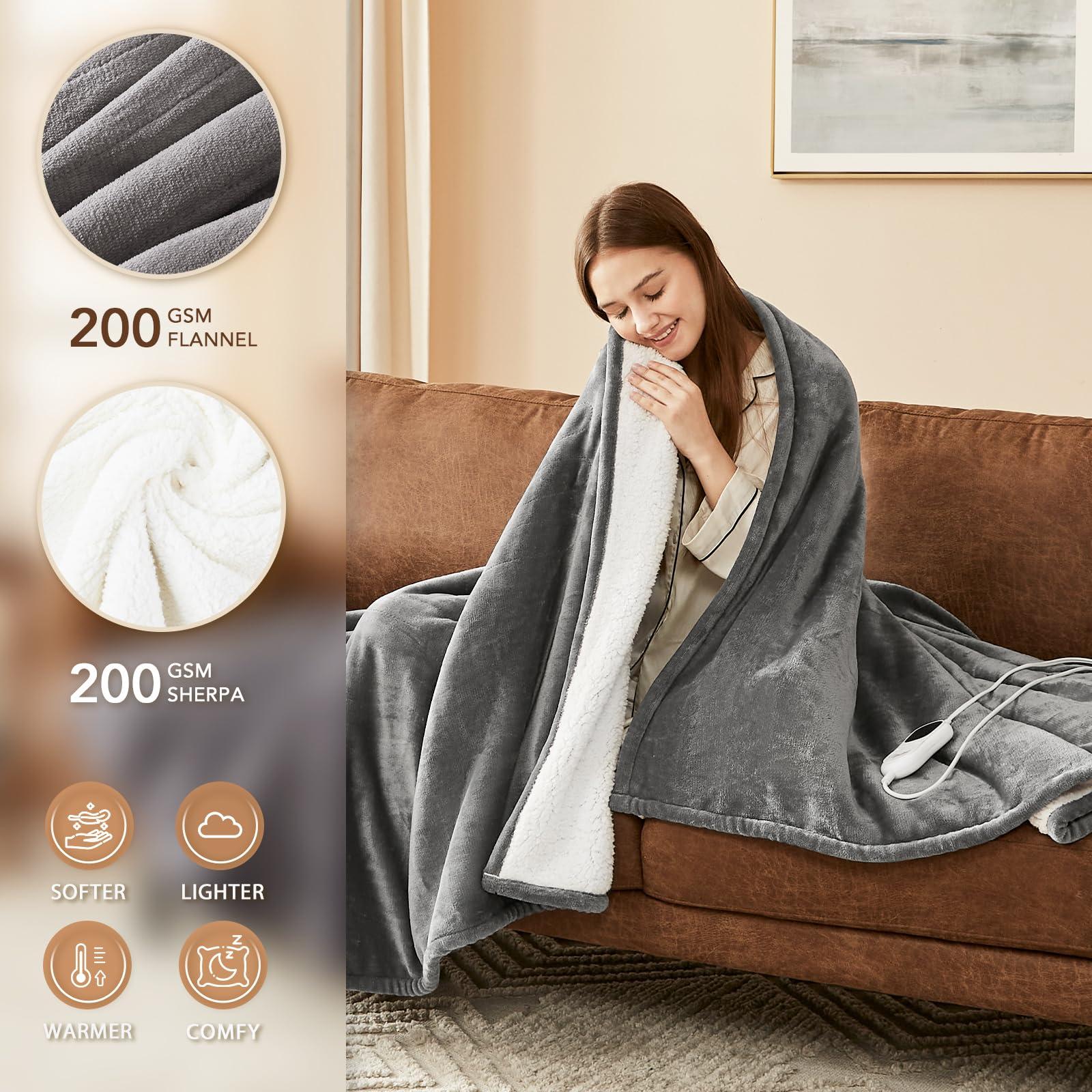 Homemate Heated Blanket Electric Throw - 50"x60" Heating Blanket Throw 1/2/4/6/8 Hours Auto-Off 10 Heat Level Over-Heat Protection Flannel Sherpa Electric ETL Certification - Image 2