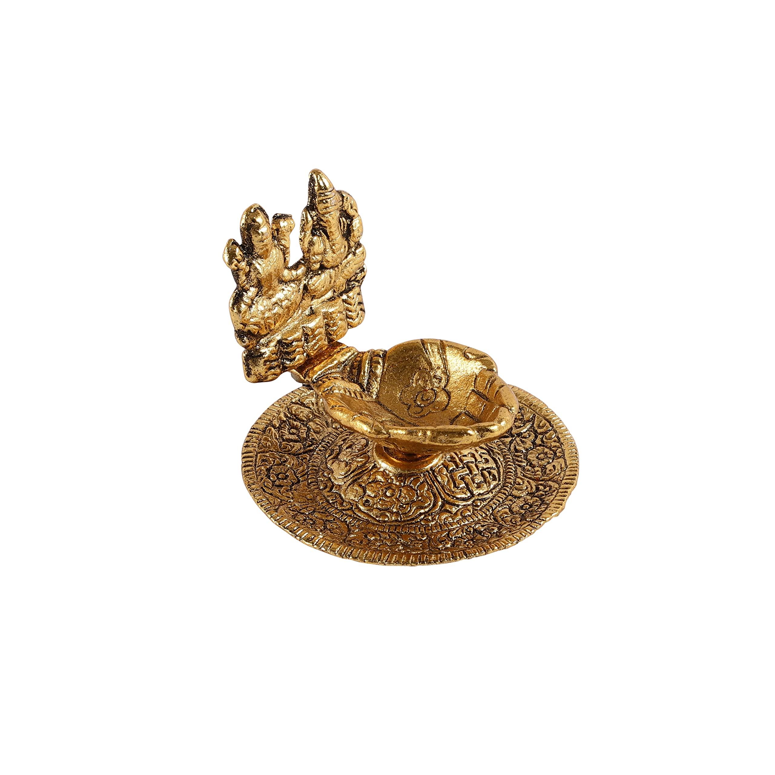 Purestory Goddess Laxmi Ganesh Diya,Laxmi Ganesh Figurine,Laxmi Ganesh Diya Idol Statue for Home Temple,Office,Gifts.Laxmi Ganesh Candle Holder for Home Decor - Gold - 3 Inches - Image 5
