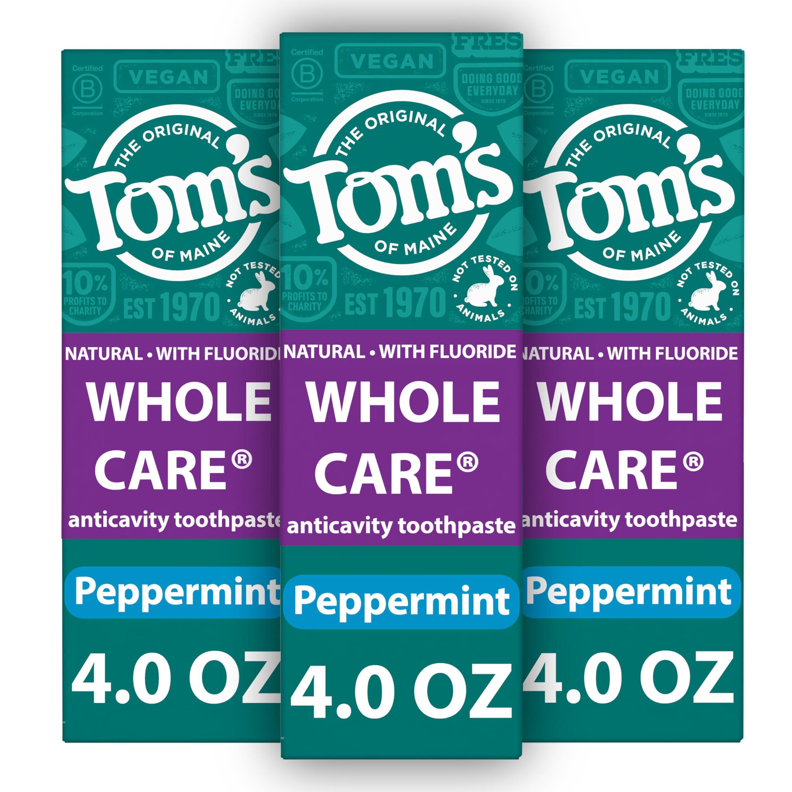 Tom's of Maine Whole Care Natural Toothpaste with Fluoride, Peppermint, 4 oz. 3-Pack (Packaging May Vary) - Image 1