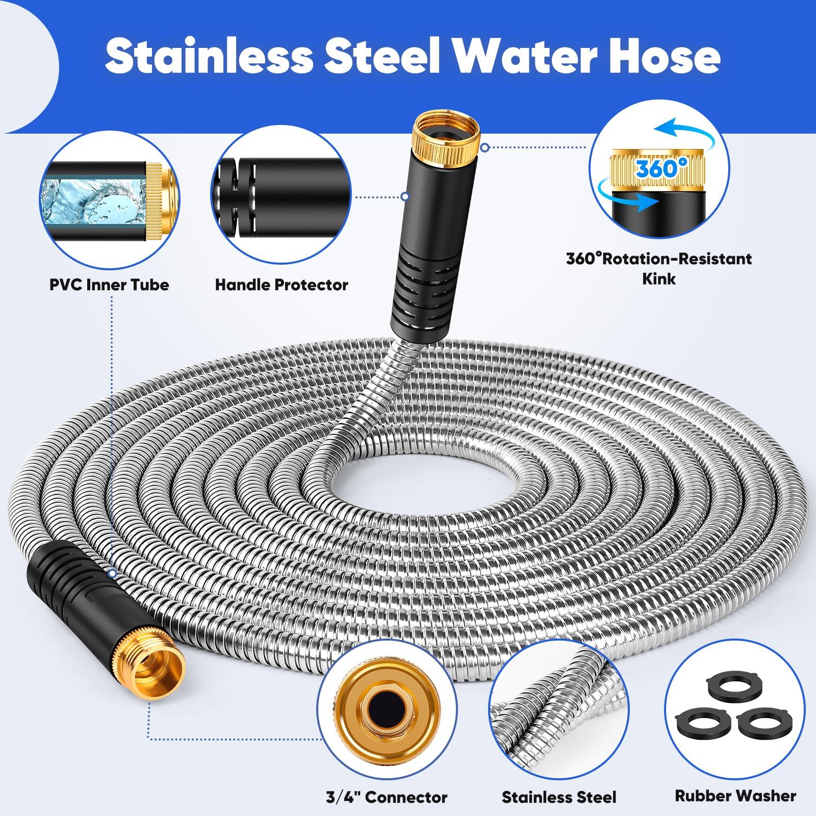 Garden Hose 25 ft, Stainless Steel Metal Water Hose with 10 Function Nozzle, Lightweight Hose, No Kink, Leak-proof, Puncture Resistant for Yard, Outdoor, RV - Image 2