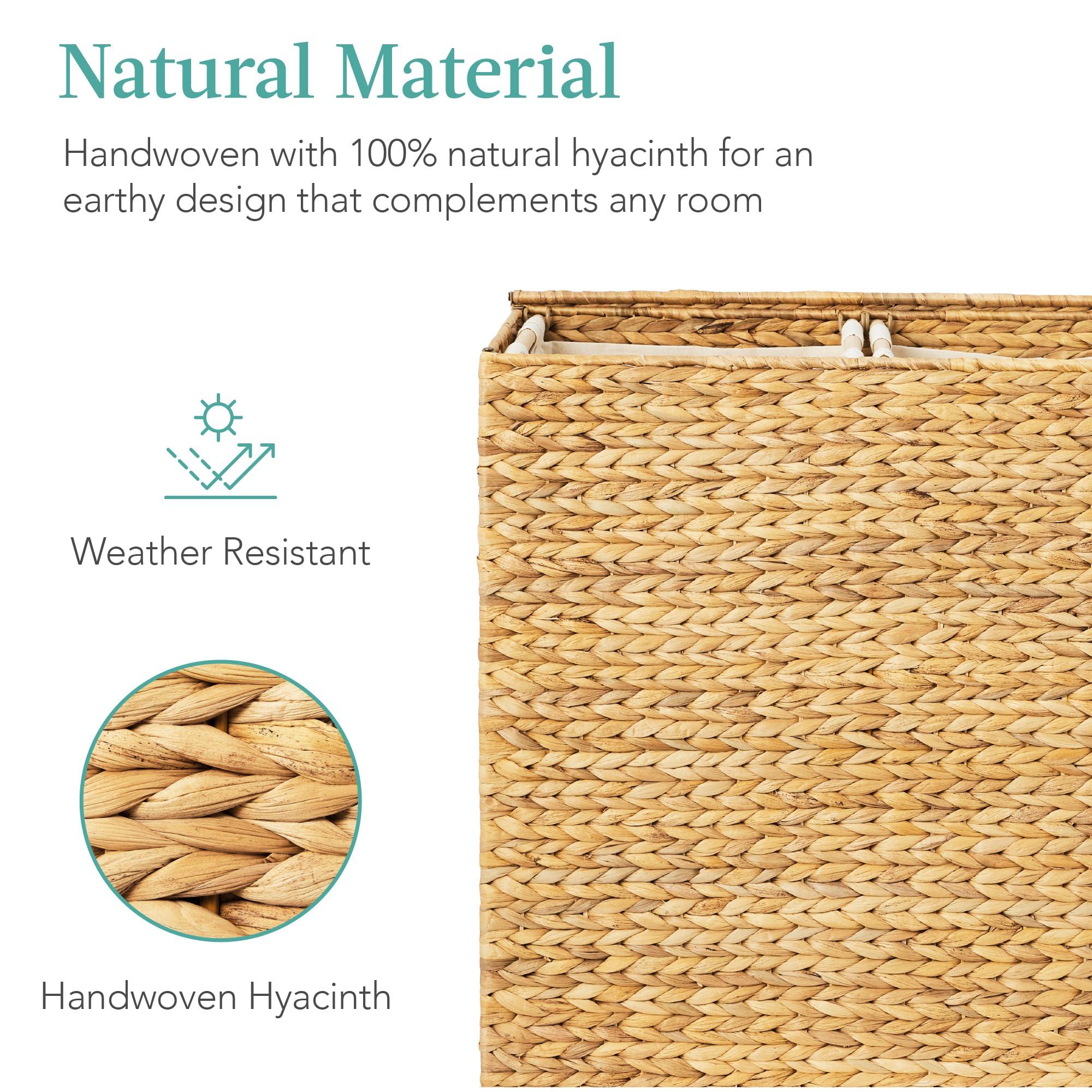 Best Choice Products Large Double Laundry Hamper with Lid, Natural Handwoven Water Hyacinth, 2 Sections w/ 2 Machine Washable Linen Liner Bags, Portable, Handles - Natural - Image 6