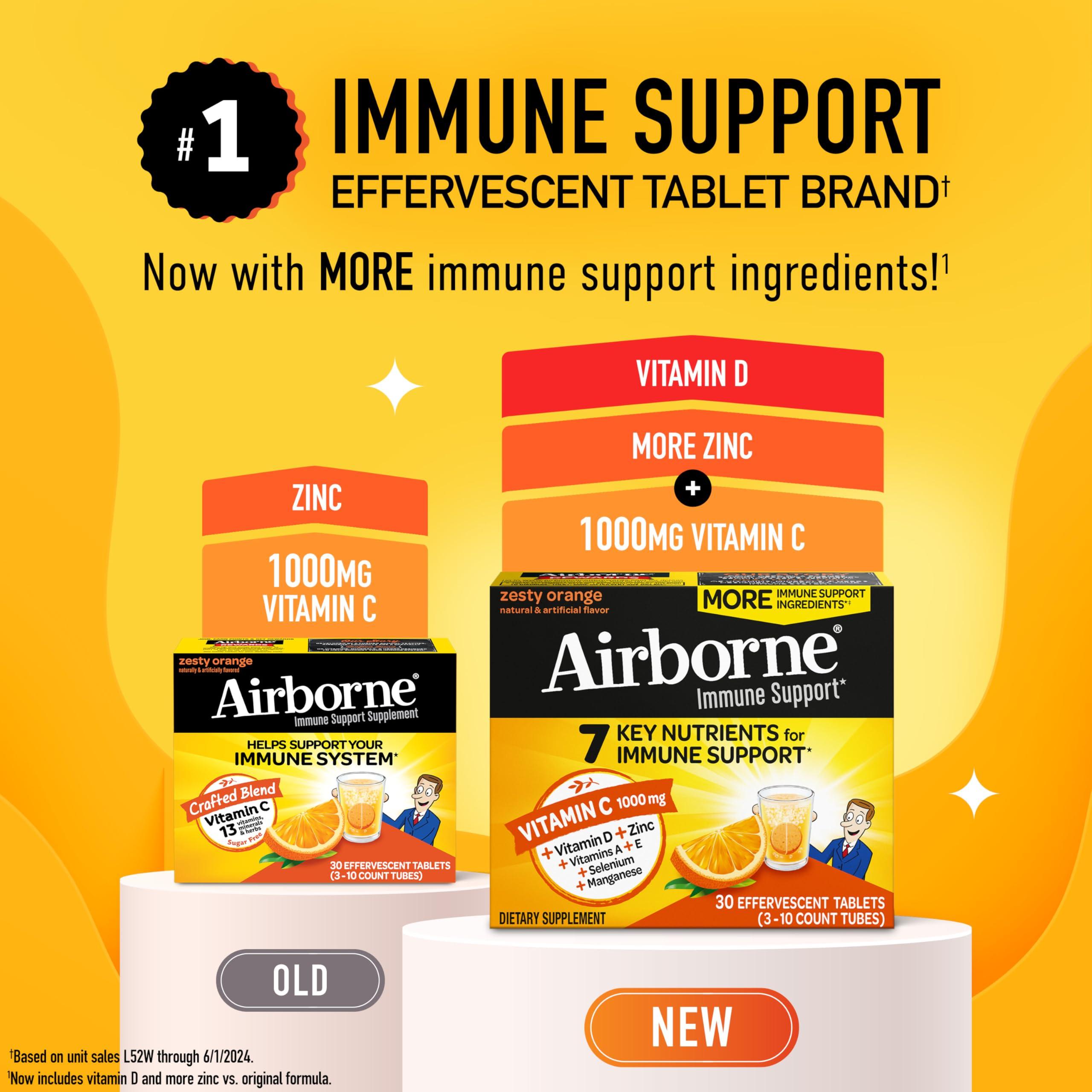 Airborne 1000mg Vitamin C with Vitamin D & Zinc, Sugar Free Multivitamin Immune Support Supplement, Antioxidants Vitamins A C & Vitamin E, 30 Effervescent Tablets, Zesty Orange Flavor - Image 2