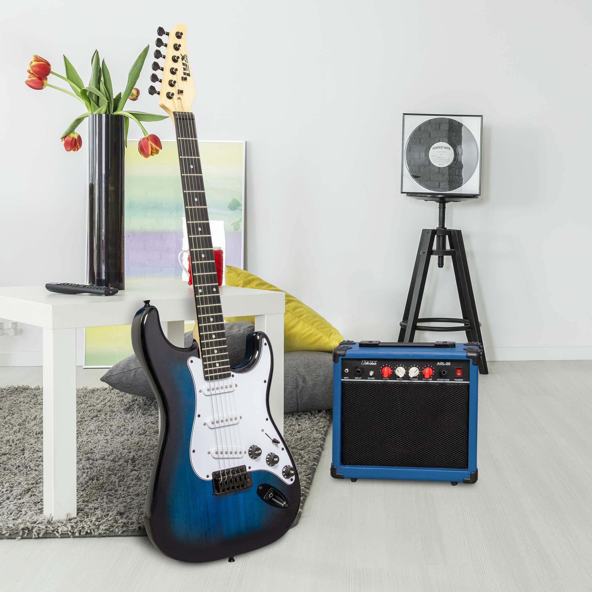 LyxPro 39 inch Electric Guitar Kit Bundle with 20w Amplifier, All Accessories, Digital Clip On Tuner, Six Strings, Two Picks, Tremolo Bar, Shoulder Strap, Case Bag Starter kit Full Size - Blue - Image 7