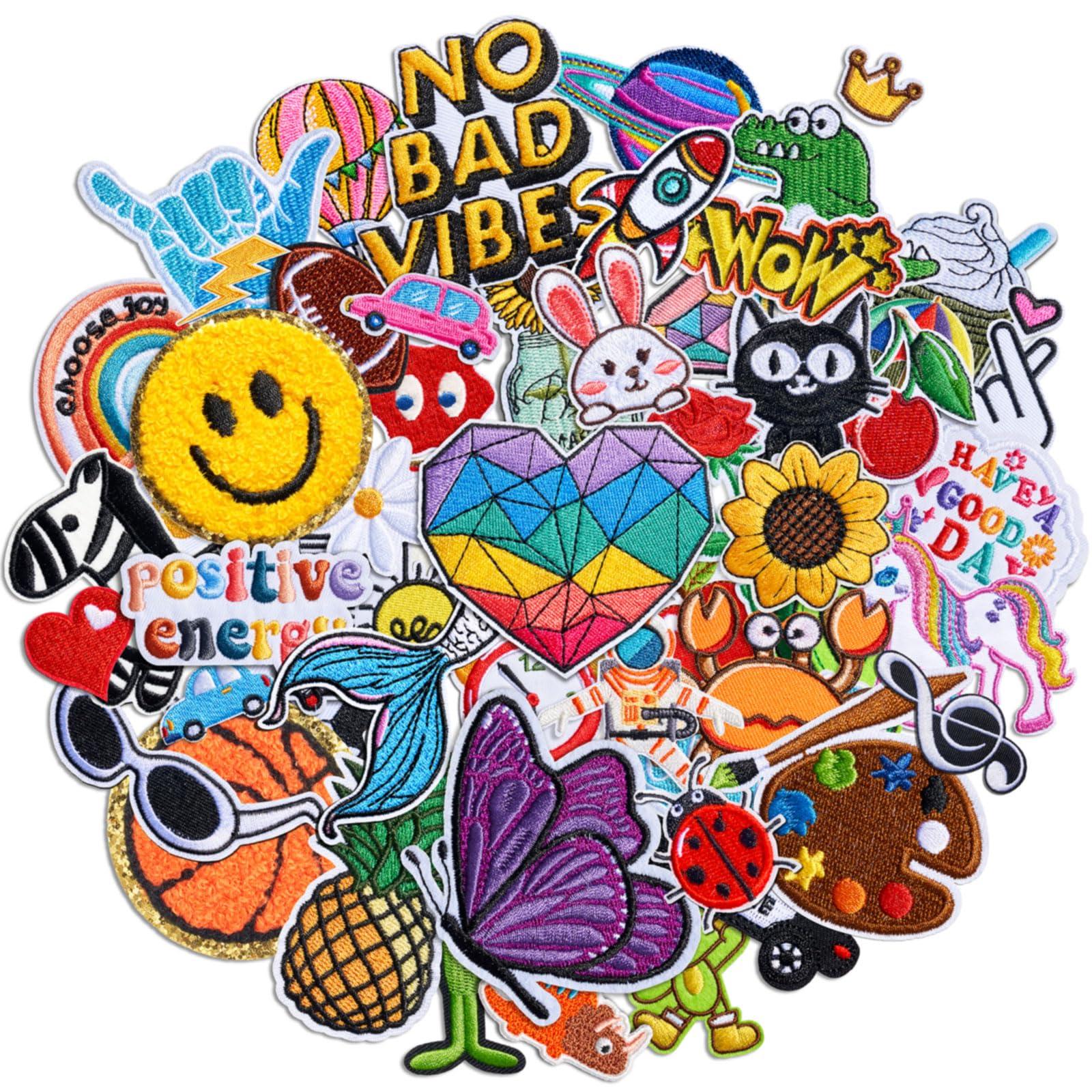 Solasocool Embroidered Iron on Patches Applique 70pcs Assorted Styles Iron on/Sew on Patch for Clothes Hats Backpacks Fabric Cute Embroidery Patches for Clothing Jeans Jackets DIY Accessories