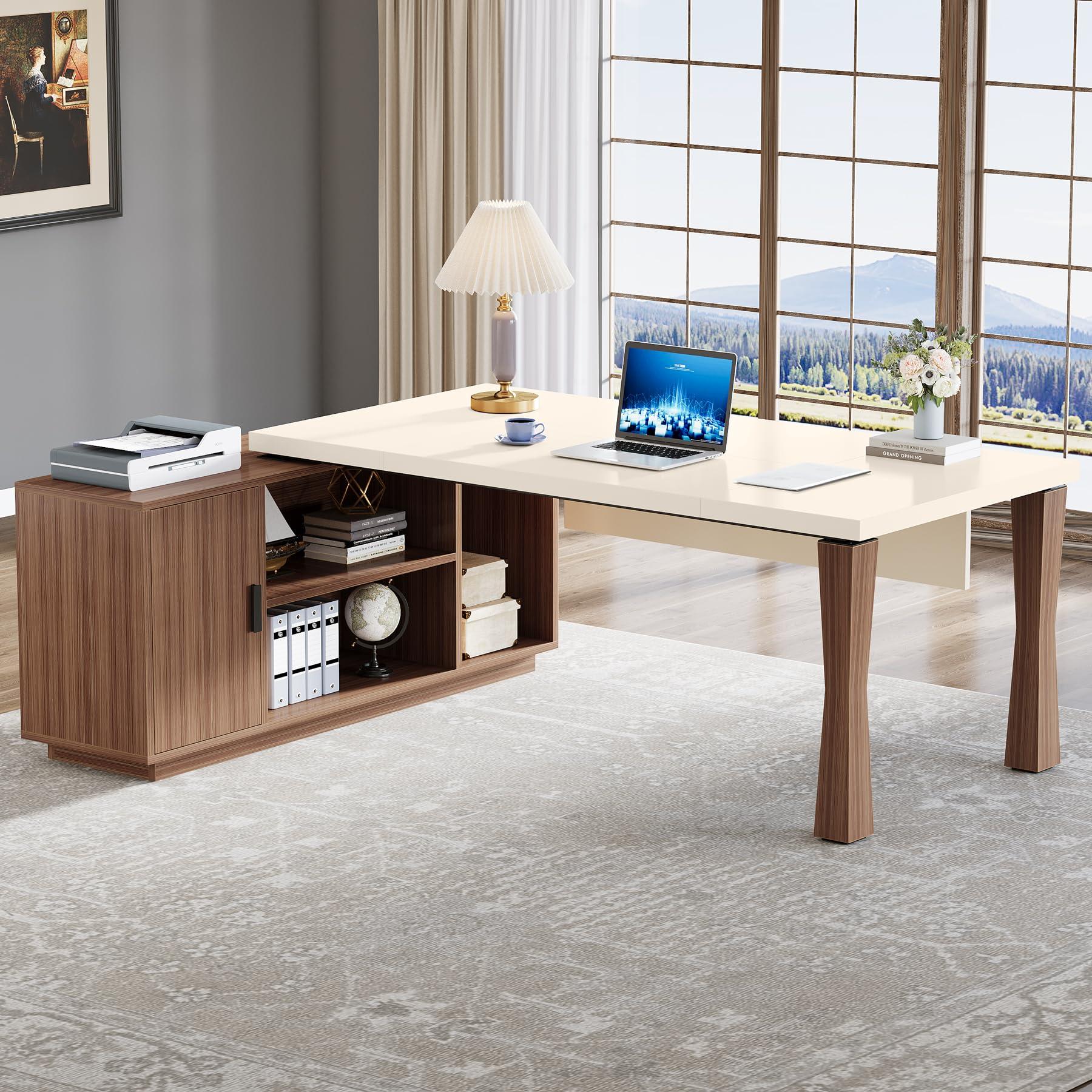 Tribesigns 78.7-Inch Executive Desk, L-Shaped Desk with Cabinet, Large Office Desk with Storage Shelves, Writing Table Business Furniture Set for Home Office, Cream White Walnut - Image 3