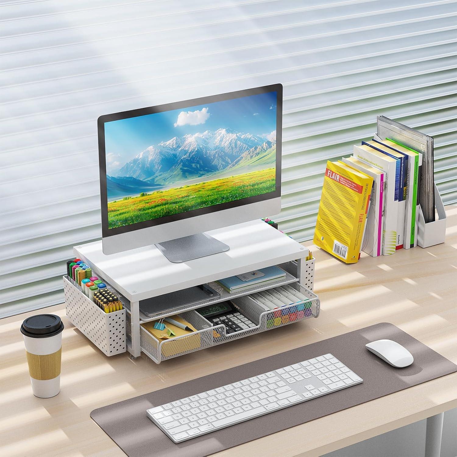 gianotter Monitor Stand Riser, Desk Organizer with Drawer and Pen Holder, 2-Tier Computer Stand, Office Desk Accessories, Office Organization (White Wood + Metal) - Image 2