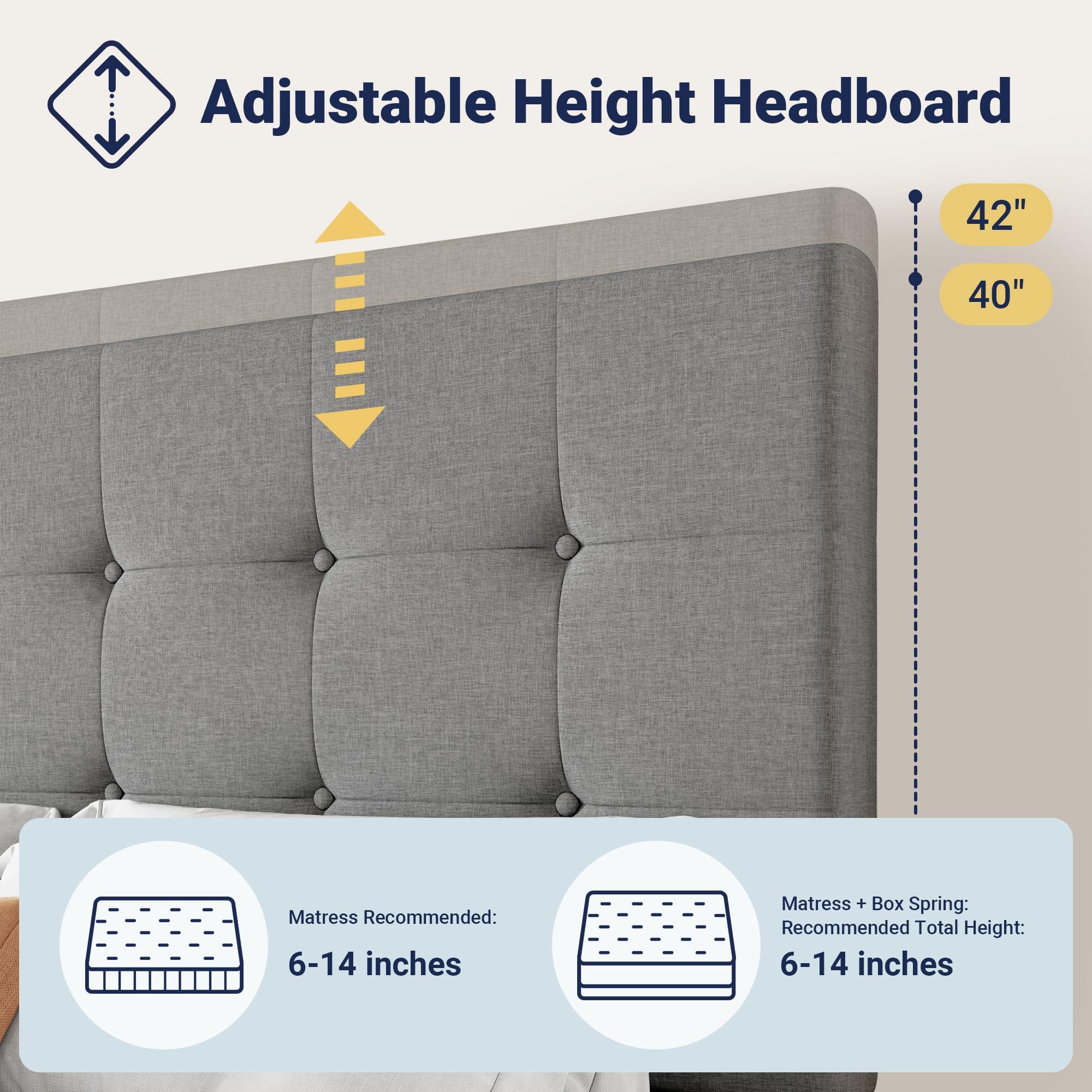 Allewie Upholstered Queen Size Platform Bed Frame with 4 Storage Drawers and Headboard, Square Stitched Button Tufted, Mattress Foundation with Wooden Slats Support, No Box Spring Needed, Light Grey - Image 4