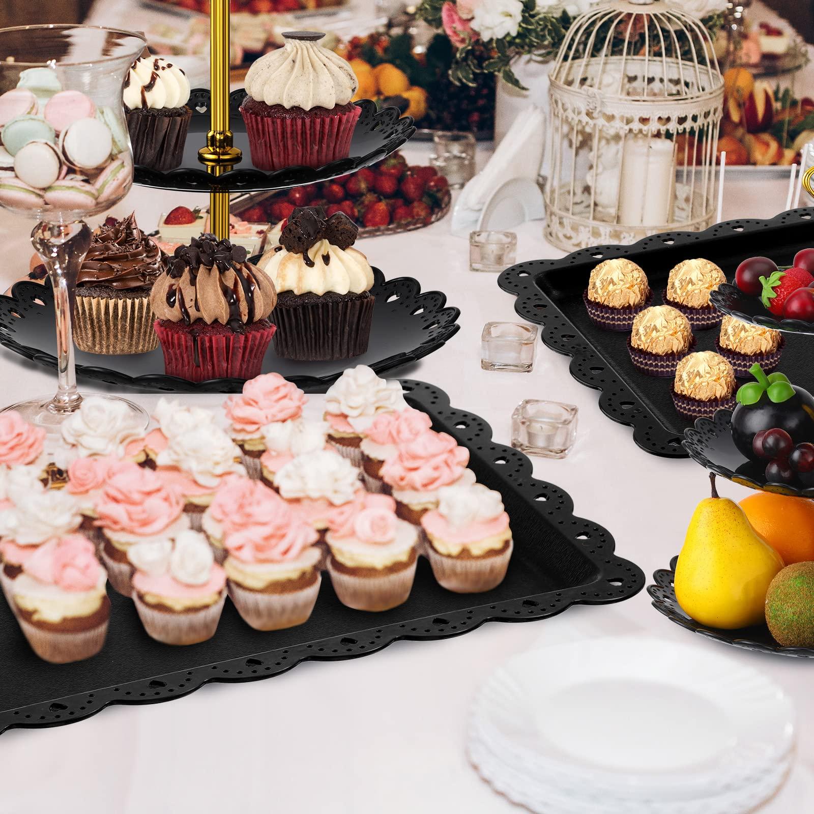9 Pcs Black Cupcake Display Set Includes 6 Rectangle Cupcake Stand and 3 Pcs Round 3-Tier Serving Tray Dessert Stand for Wedding Birthday Party Baby Shower(Flower Style) - Image 2