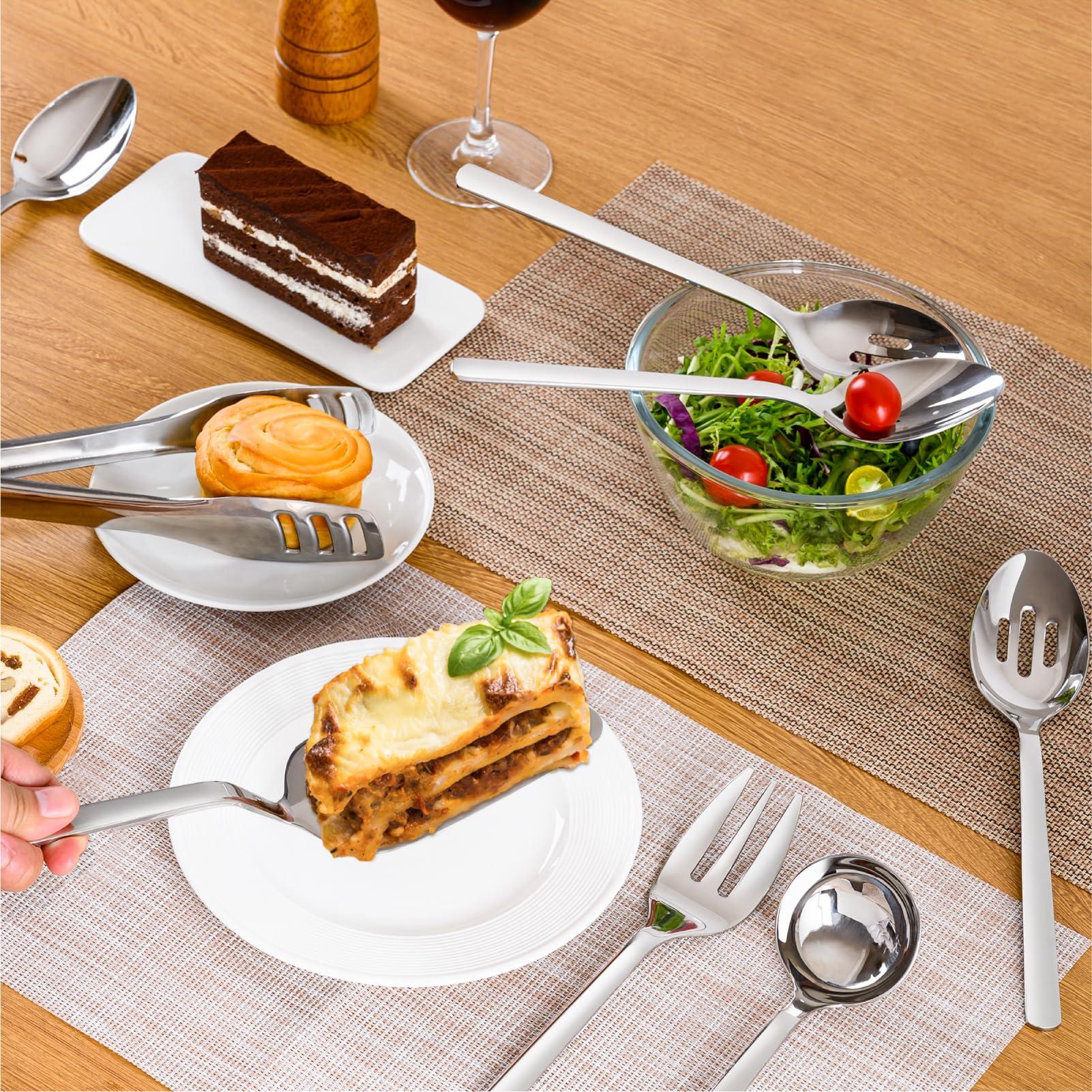 KINGSTONE Large Hostess Serving Utensils Set, 18/10 Stainless Steel Heavy Duty 10-inch Serving Utensils, Slotted Spoons, Forks, Tongs, Cake Pie Server for Buffet, Wedding, Party - Image 2