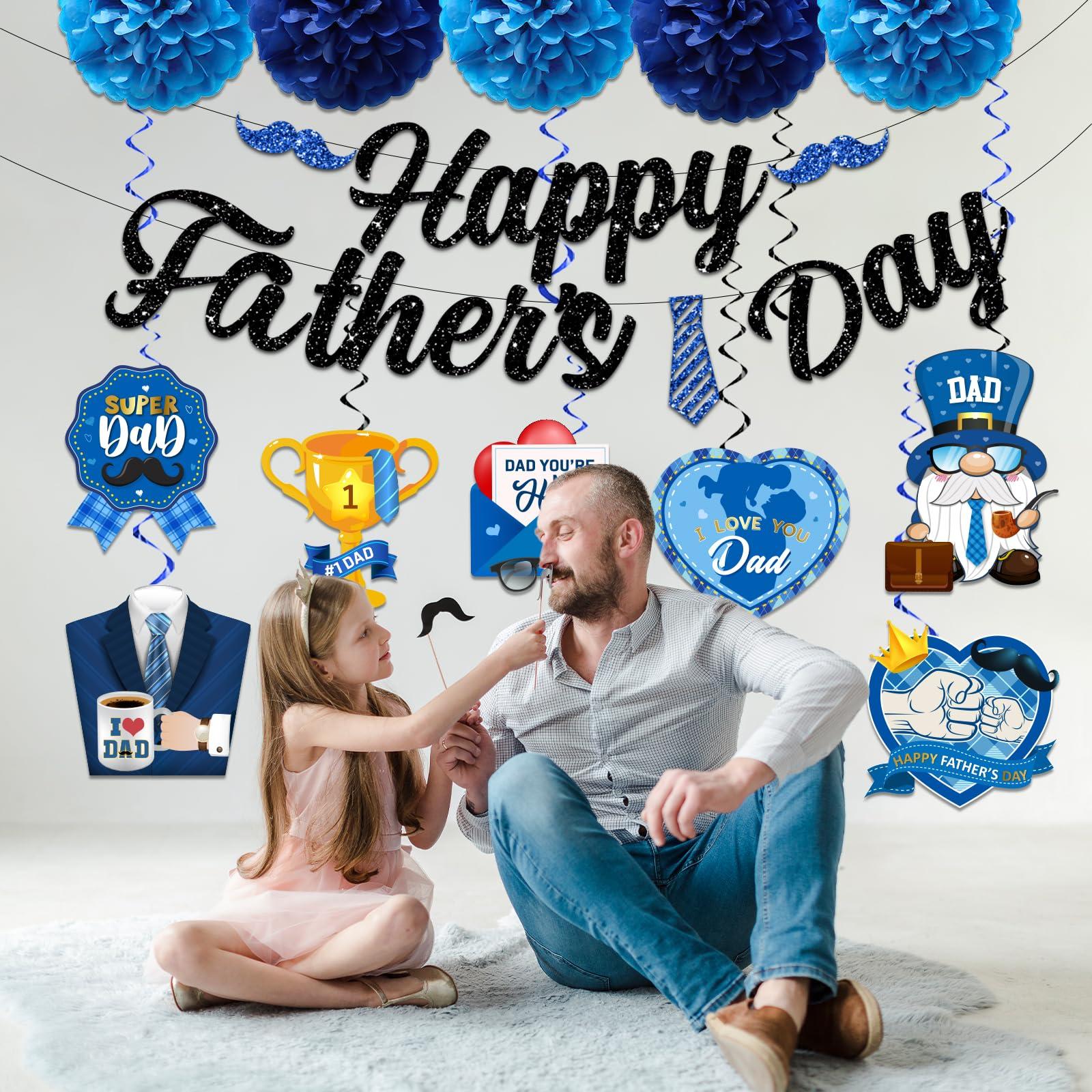 Fathers Day Decorations, Best Dad Ever Decorations includes Glitter Happy Fathers day Banner Dad Hanging Swirls and Blue Tissue Pom Poms, Fathers Day Decorations for Home Office - Image 2