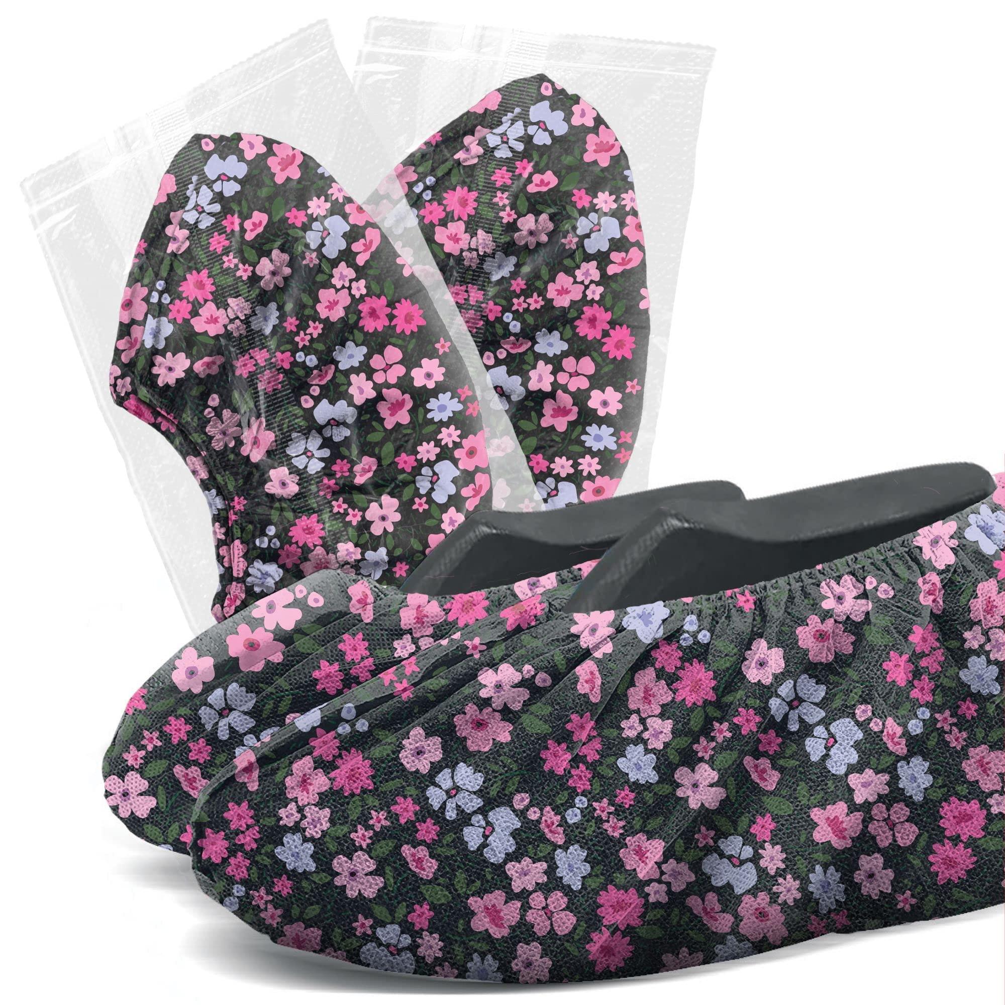 Shoe Covers Disposable 100 Count - 50 Individually Wrapped Pairs - Flower Print Protectors for Booties, Shoes - Shoe Cover for Indoors and Outdoors, Realtor, Repair Work