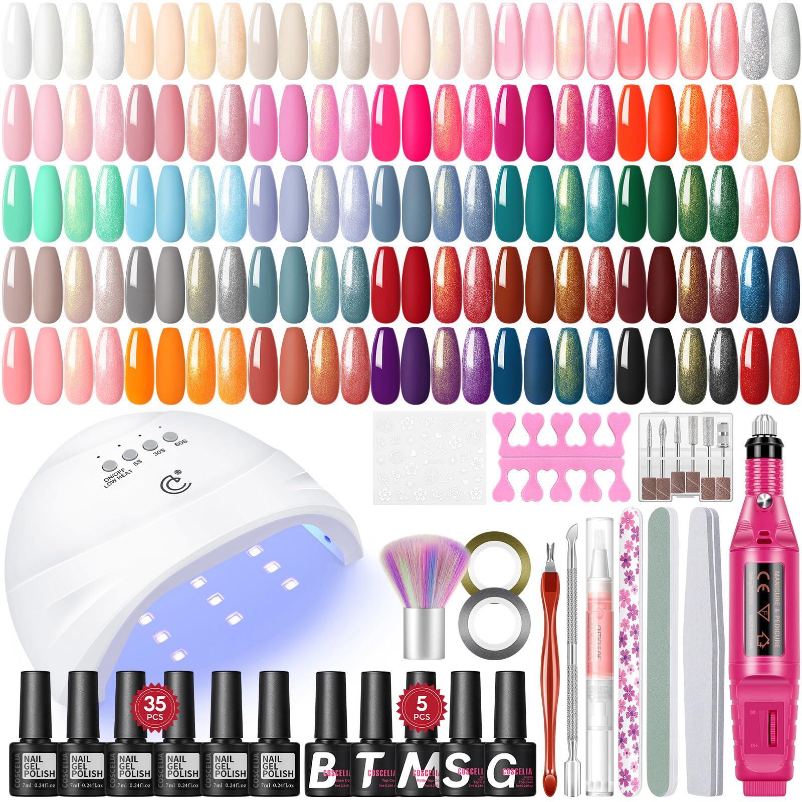 COSCELIA Gel Nail Polish Kit with U V light and Drill Starter Kit 35 Colors Gel Nail Polish with 5pcs Top Base Coat Nail Art All Seasons Professional Gel Manicure Kit DIY at Home Gifts for Women