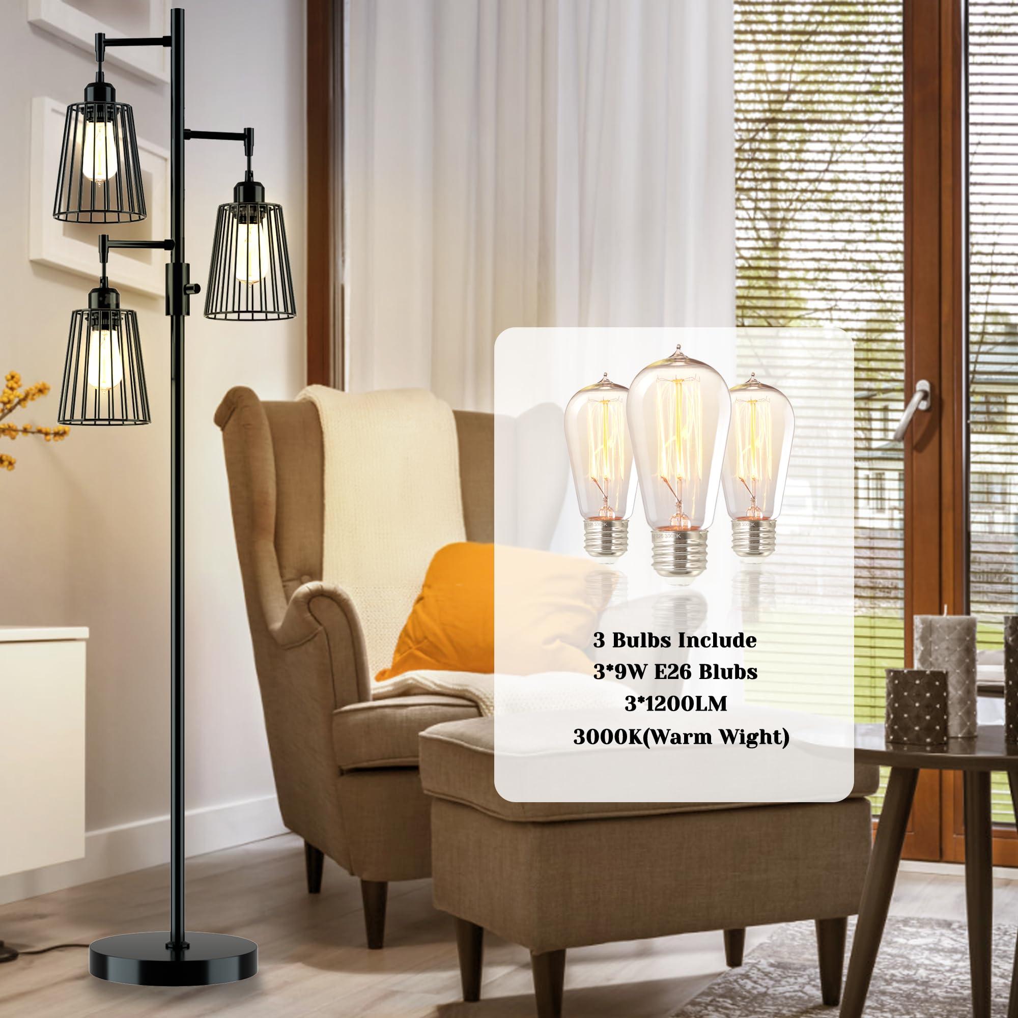 COFF Industrial Floor Lamp, 3 x 1200LM Edison LED Bulbs Included, Bright 3-Light Dimmable Floor Lamp, Farmhouse Tall Standing Lamp for Living Room, Bedroom Office Rustic Home Decor (Matte Black) - Image 6