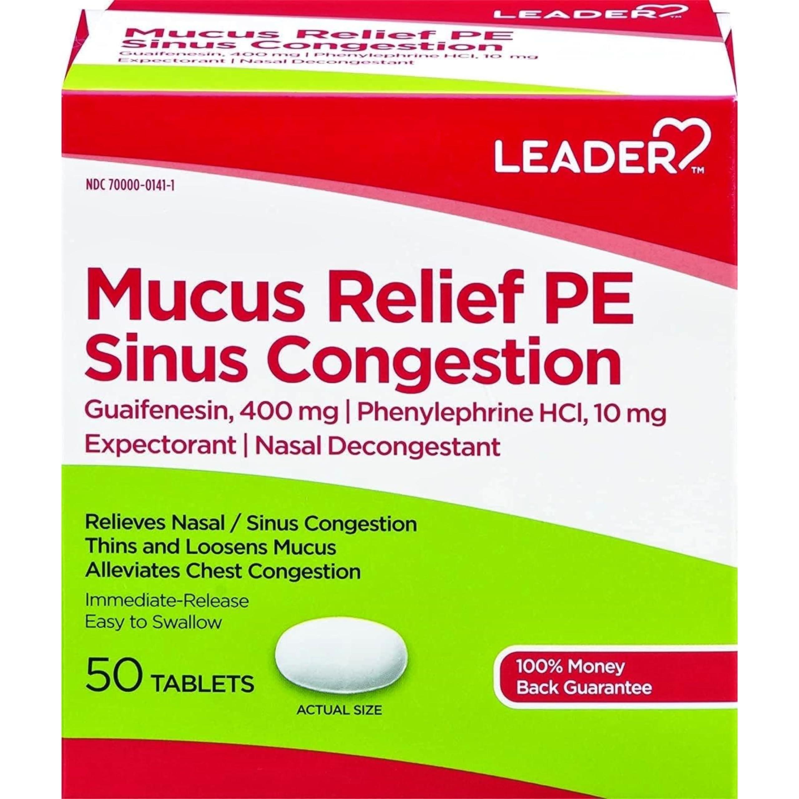 Leader Mucus Relief PE Sinus Congestion, Expectorant; Nasal Decongestant, Thins and Loosens Mucus, Immediate-Release, Alleviates Chest Congestion, 50 Tablets (Pack of 2) - Image 2