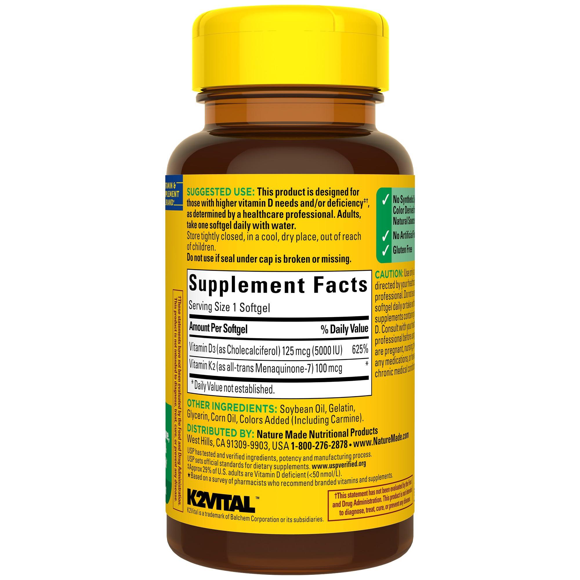 Nature Made Vitamin D3 K2, 5000 IU (125 mcg) Vitamin D, Dietary Supplement for Bone, Teeth, Muscle and Immune Health Support, 30 Softgels, 30 Day Supply - Image 8