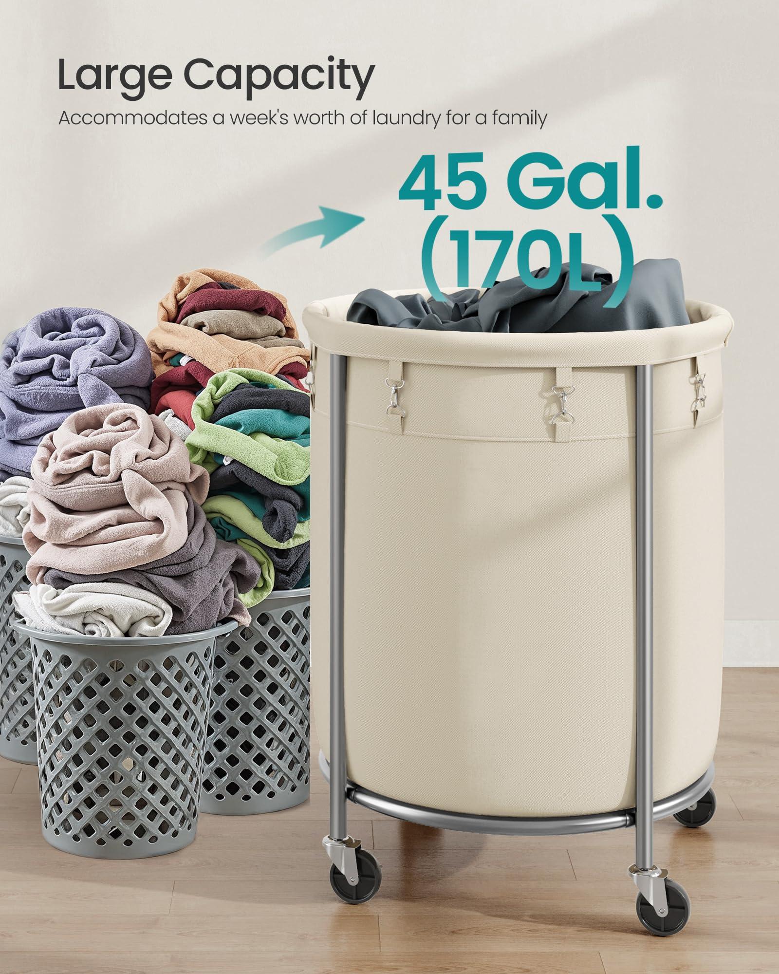 SONGMICS Laundry Basket with Wheels, Rolling Laundry Hamper, 45 Gal., Round Laundry Cart with Steel Frame and Removable Bag, 4 Casters and 2 Brakes, Cream and Silver URLS01MZ - Image 4