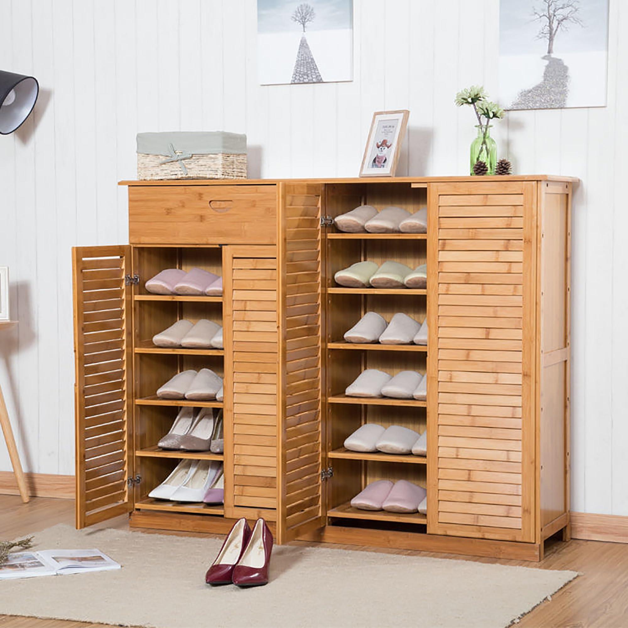 Bamboo Shoe Cabinet with Doors, Shoes Storage Organizer Shelf Stand for 26-30 Pairs, Entryway Hallway Living Room Bedroom Furniture, Beige Color (51 * 13.2 * 34.2IN) - Image 4