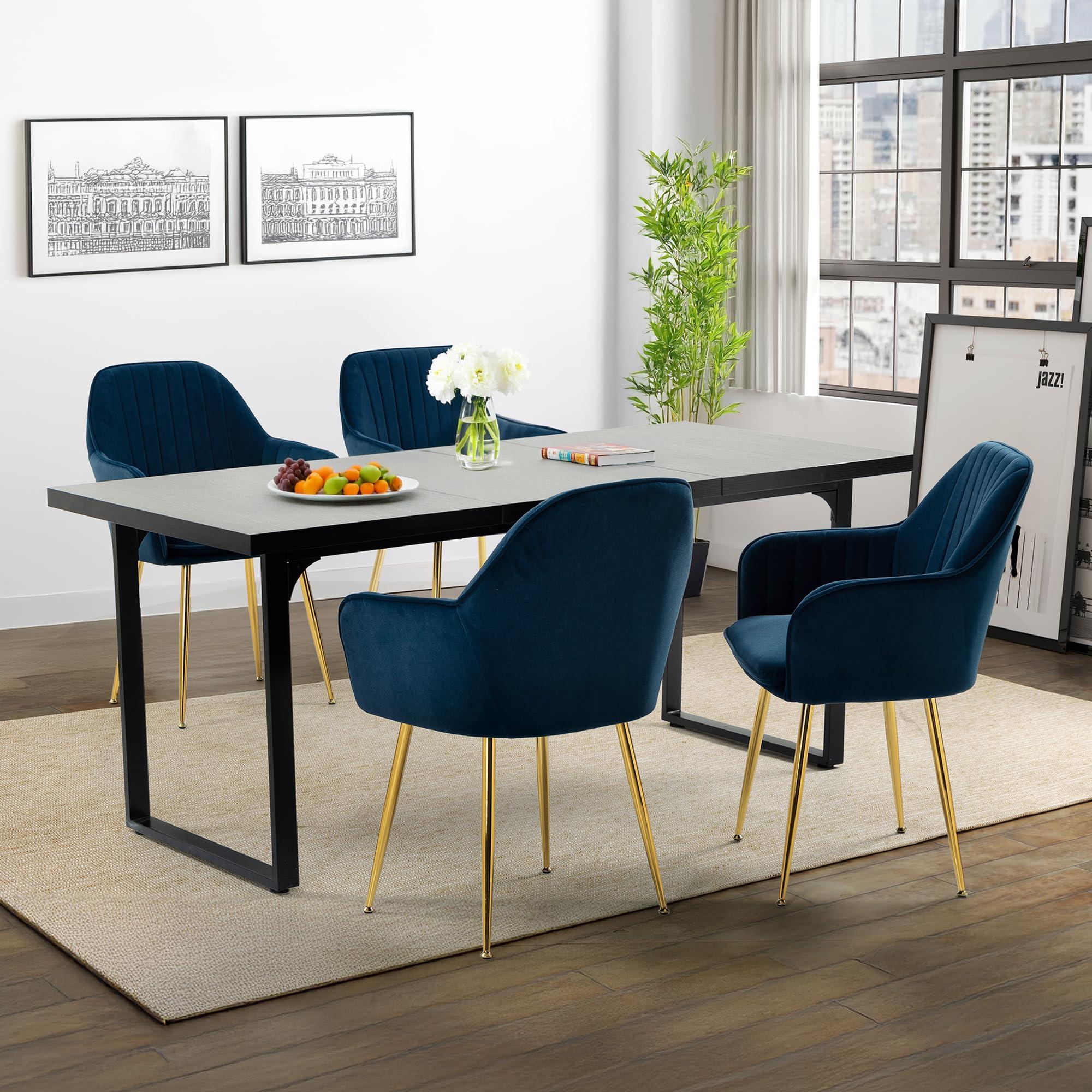 ECOTOUGE Matte Velvet Dining Chairs Set of 4, Modern Arm Chair with Golden Metal Legs, Living Room Accent Chairs for Kitchen, Blue - Image 7