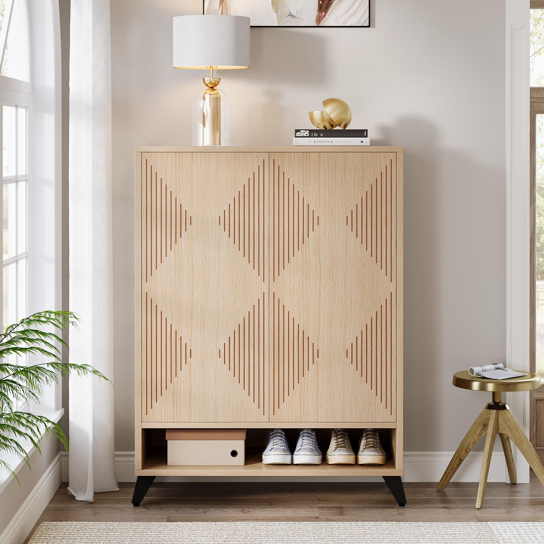 Tribesigns Shoe Cabinet with Doors, 6-Tier Entryway Shoe Storage Cabinet with Adjustable Shelves, Modern Wooden Shoe Organizer Cabinet for Living Room, Bedroom, Natural - Image 3