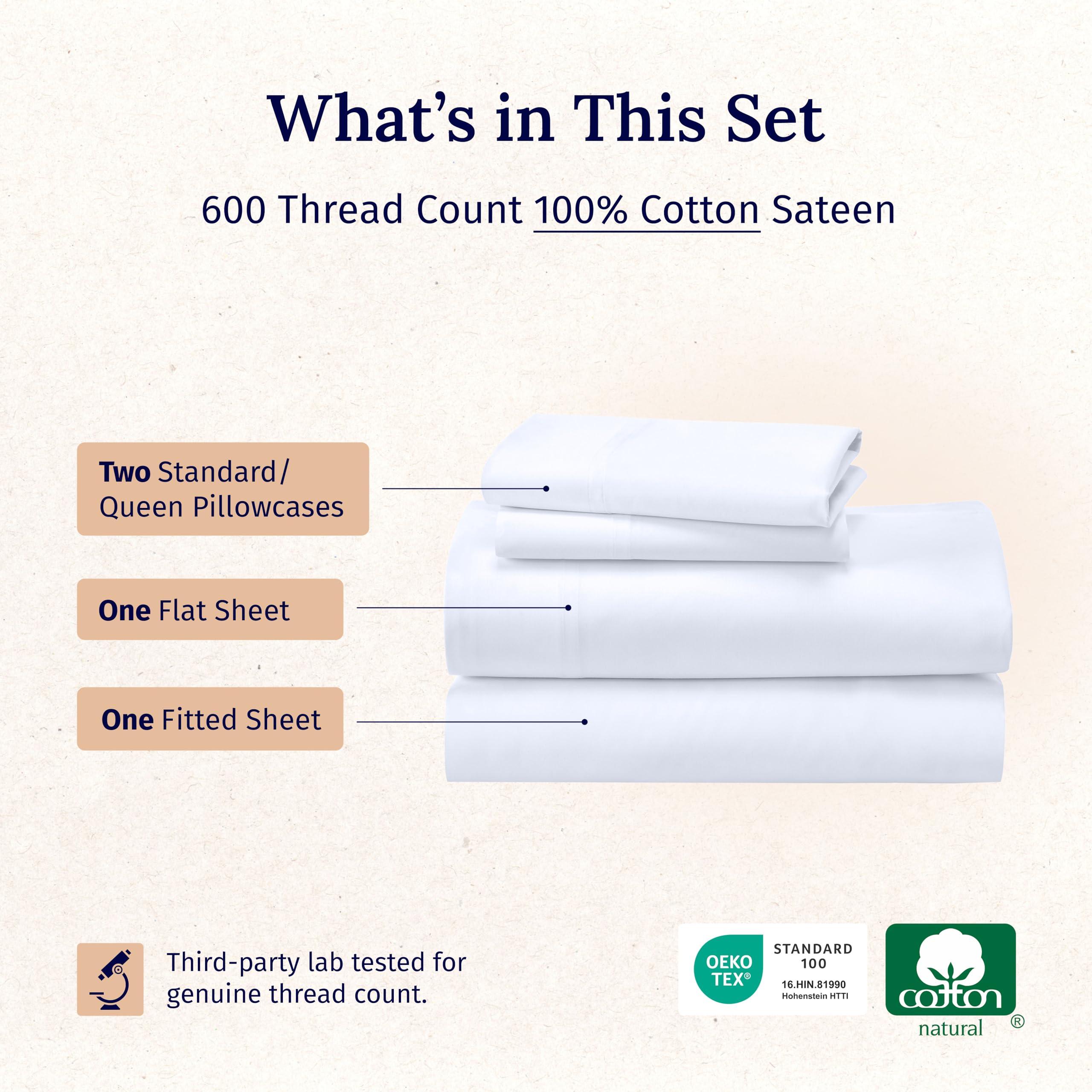 California Design Den Queen Sheet Set - Luxury 600 Thread Count Sateen, 100% Cotton Deep Pocket Queen Sheets with All Around Elastic, Snug Fit, Hotel Quality Bedding Set - White - Image 3
