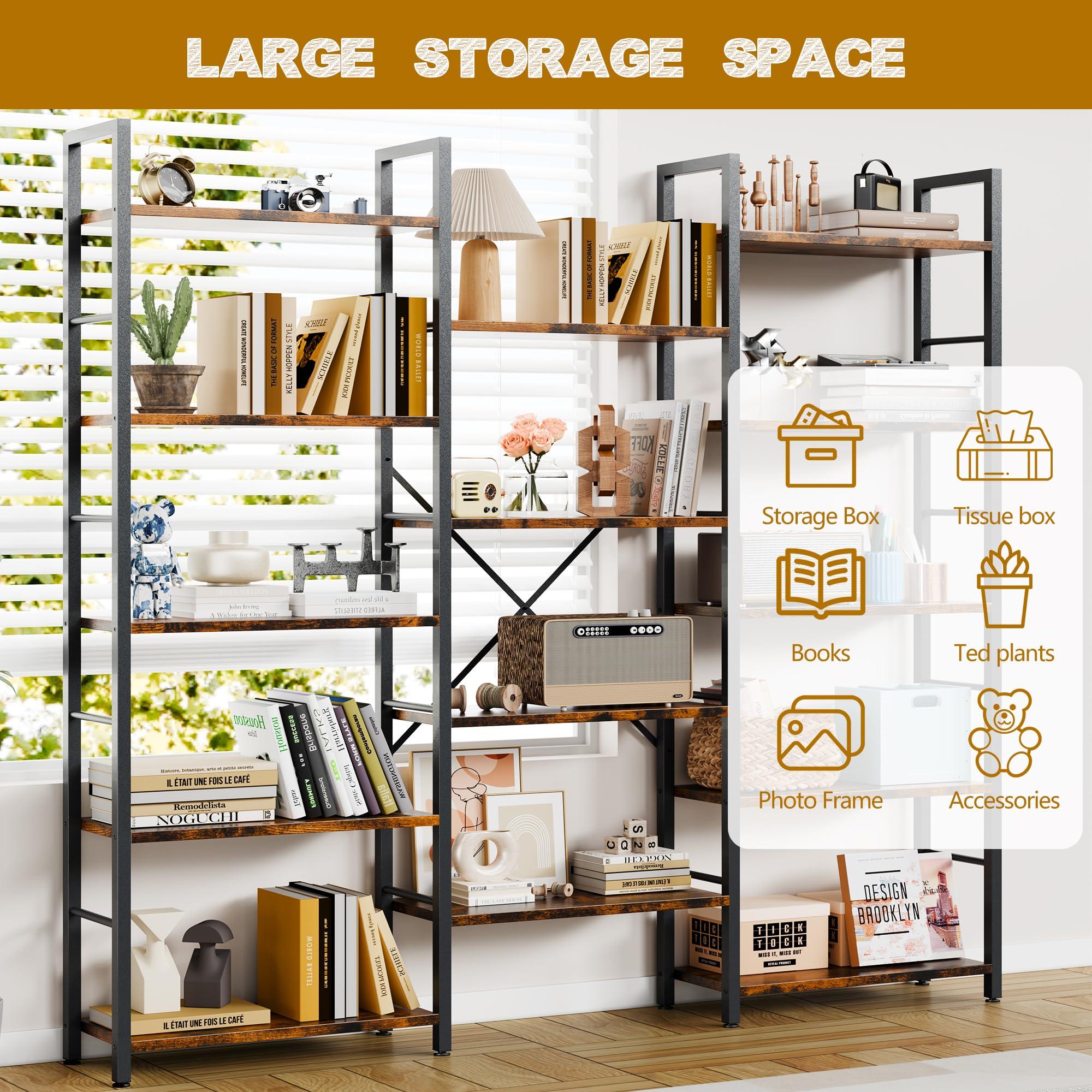 Shintenchi Triple 5 Tier Bookshelf, Industrial Large Bookcase with 14 Open Display Shelves, Large Etagere Bookshelf,Wide Book Shelf Book Case for Home & Office, Rustic Brown - Image 3