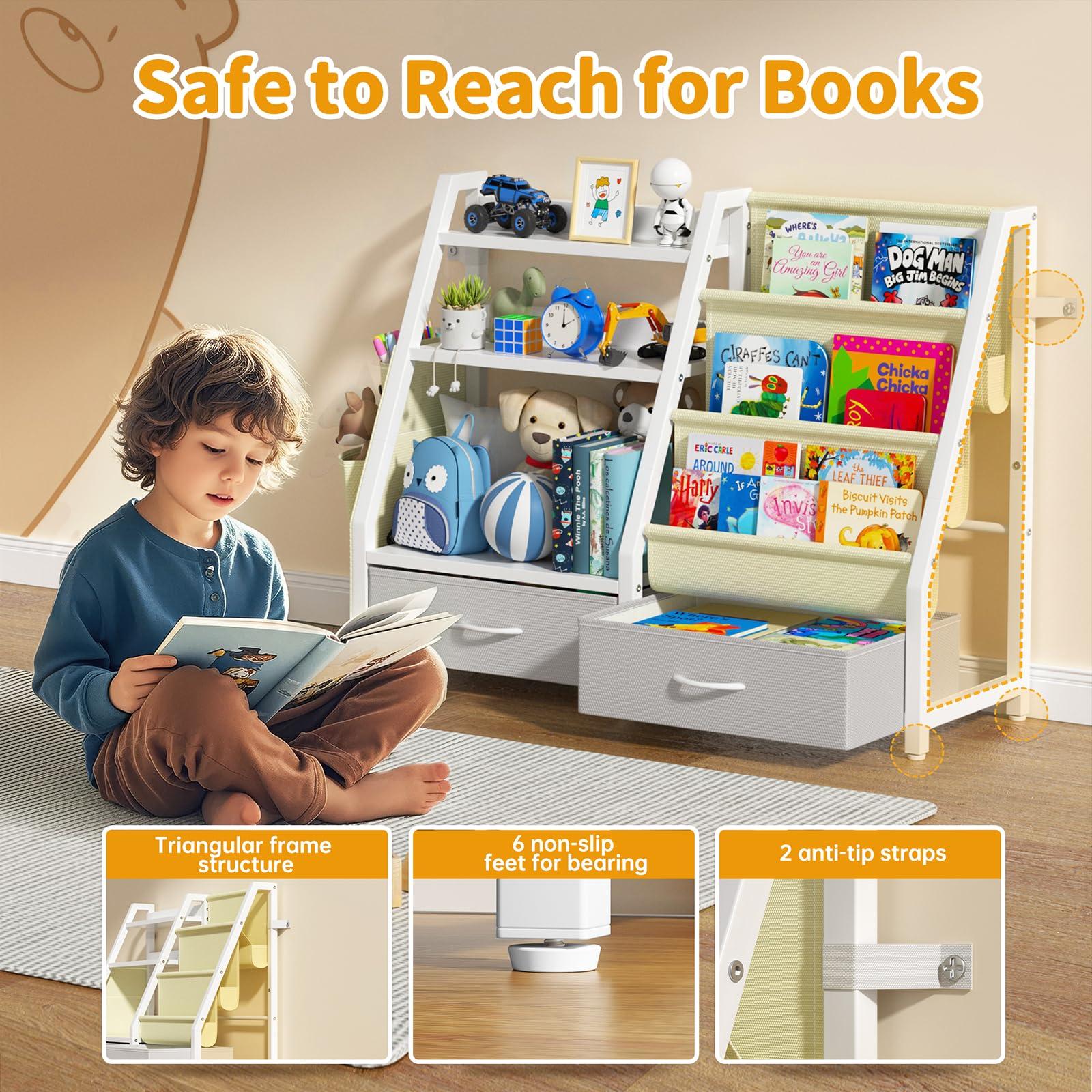 Twinkoo Kids Bookshelf and Toy Organizer, Sturdy 3 Tier Kids Bookcase, Sling Bookshelf and 2 Toy Bins, Toddler Montessori Book Shelf with Toy Storage Organizer for Children Room, Playroom, Nursery - Image 3